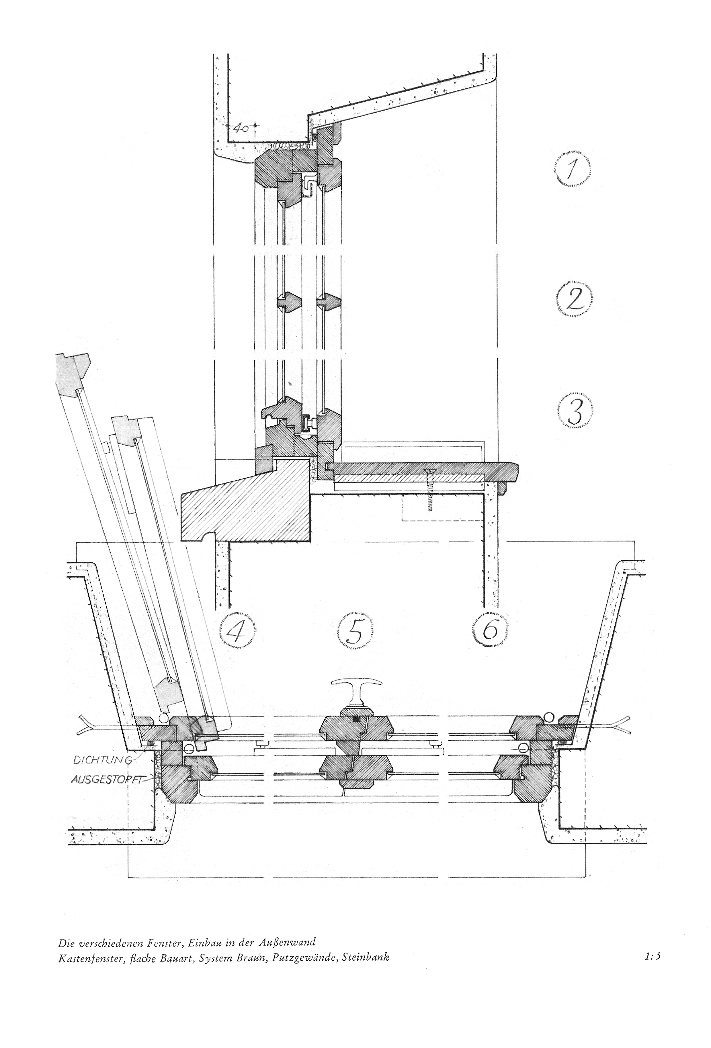 Die verschiedenen Fenster, Einbau in der Außenwand Kastenfenster, flache Bauart, System Braun, Putzgewände, Steinbank 1:5