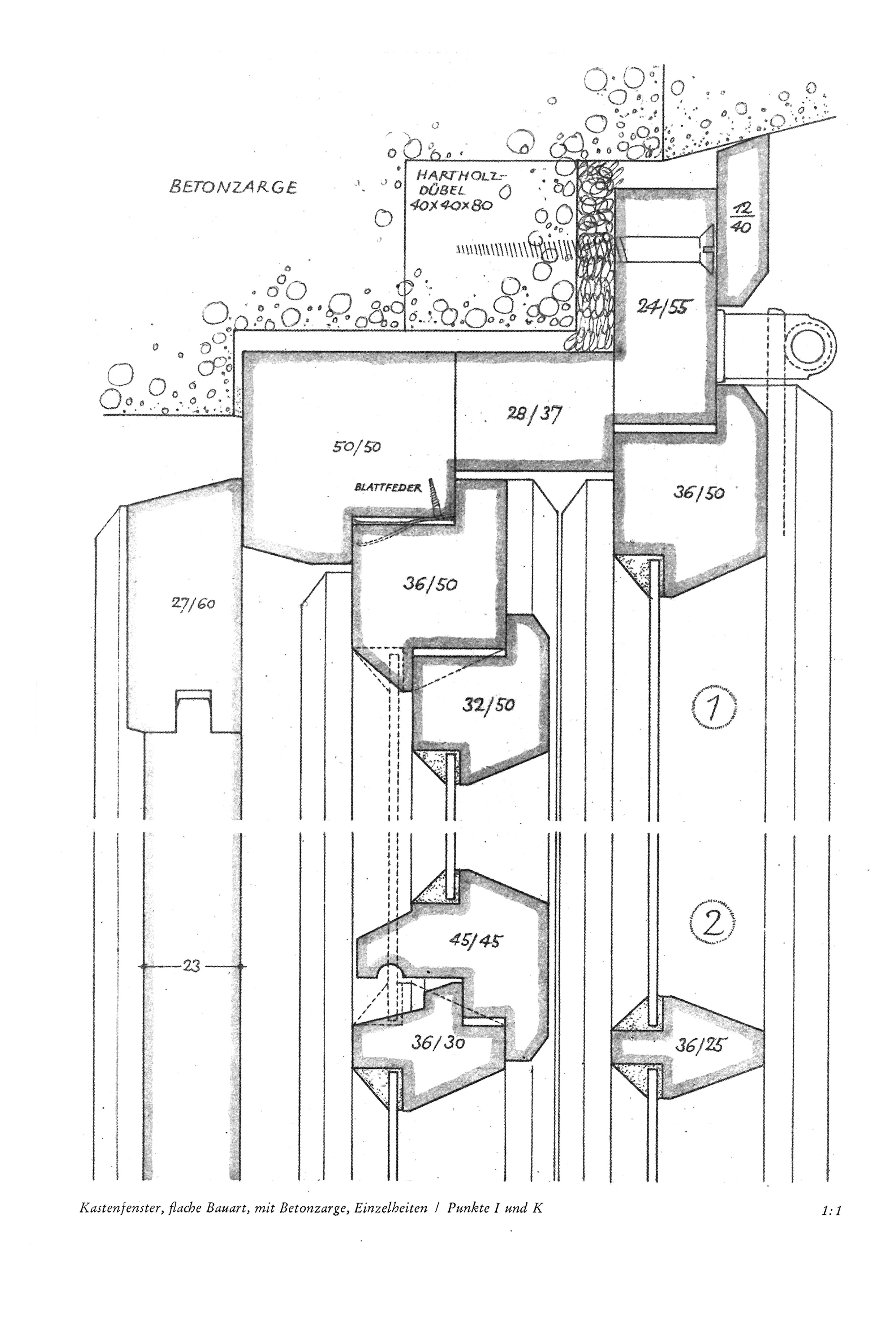 Kastenfenster, flache Bauart, mit Betonzarge, Einzelheiten / Punkt I und K 1:1