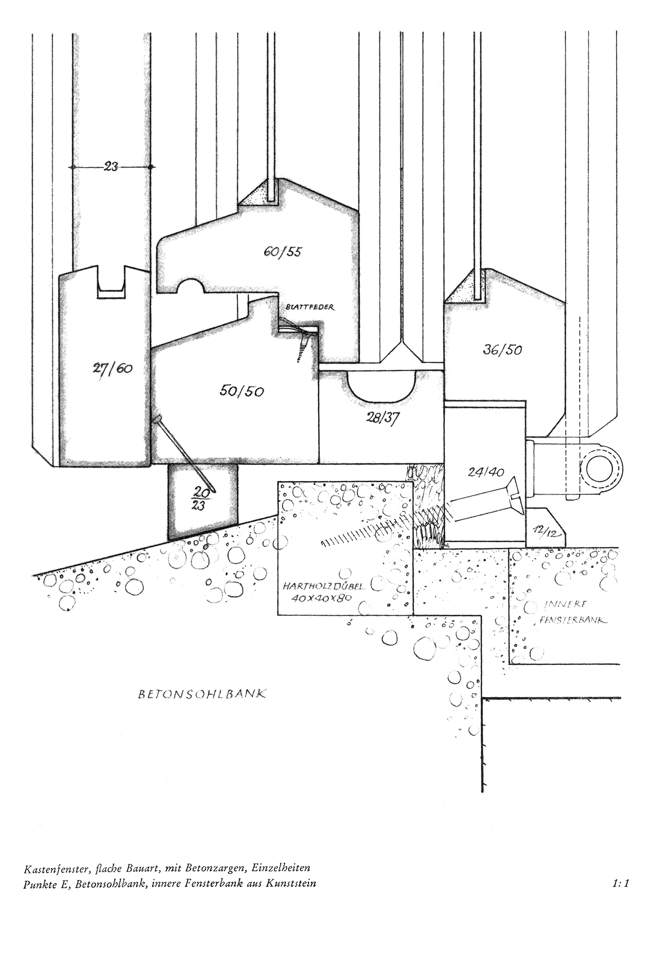 Kastenfenster, flache Bauart, mit Betonzarge, Einzelheiten Punkt E, Betonsohlbank, innere Fensterbank aus Kunststein 1:1