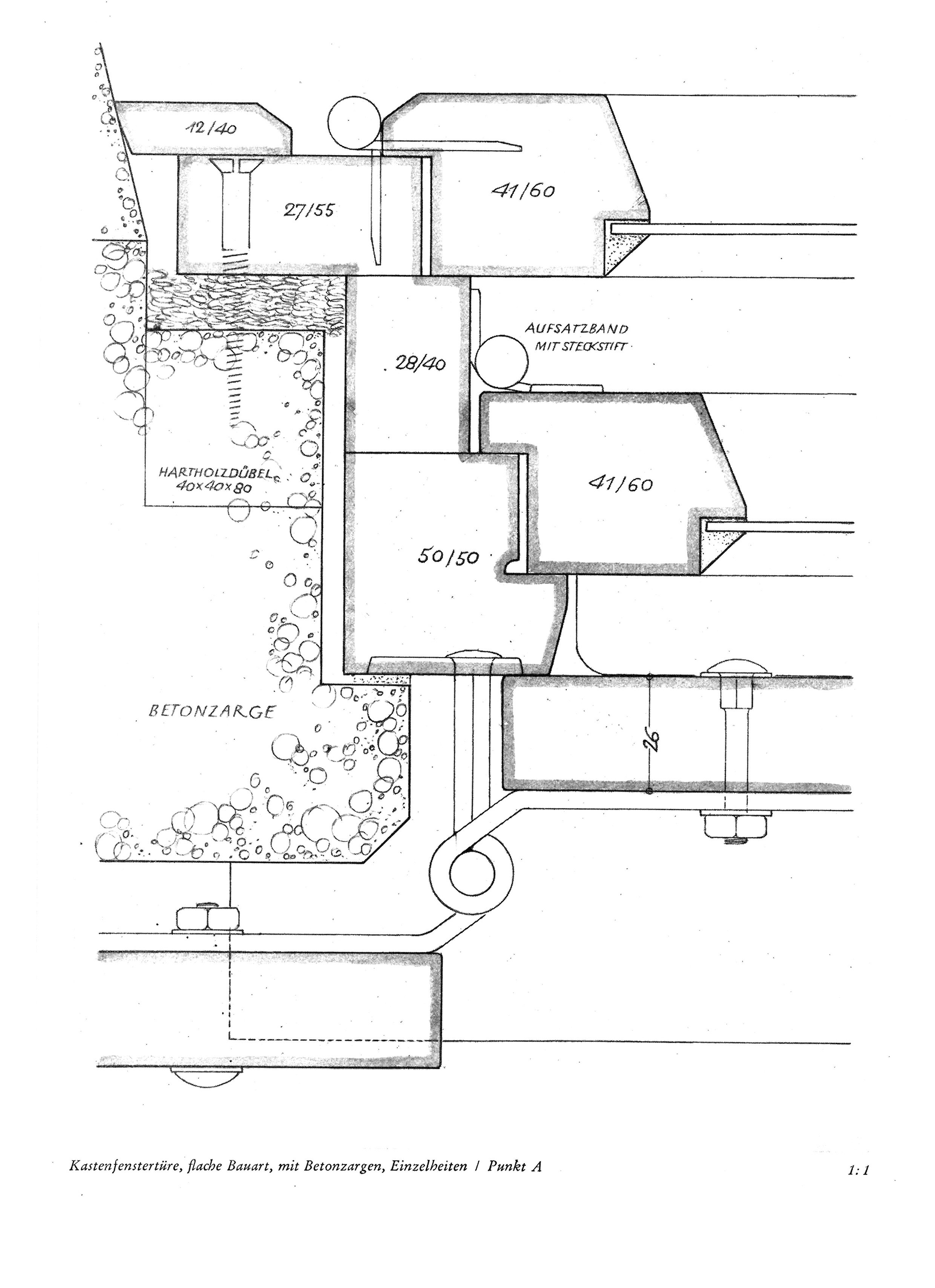 Kastenfenster, flache Bauart, mit Betonzarge, Einzelheiten / Punkt A 1:1