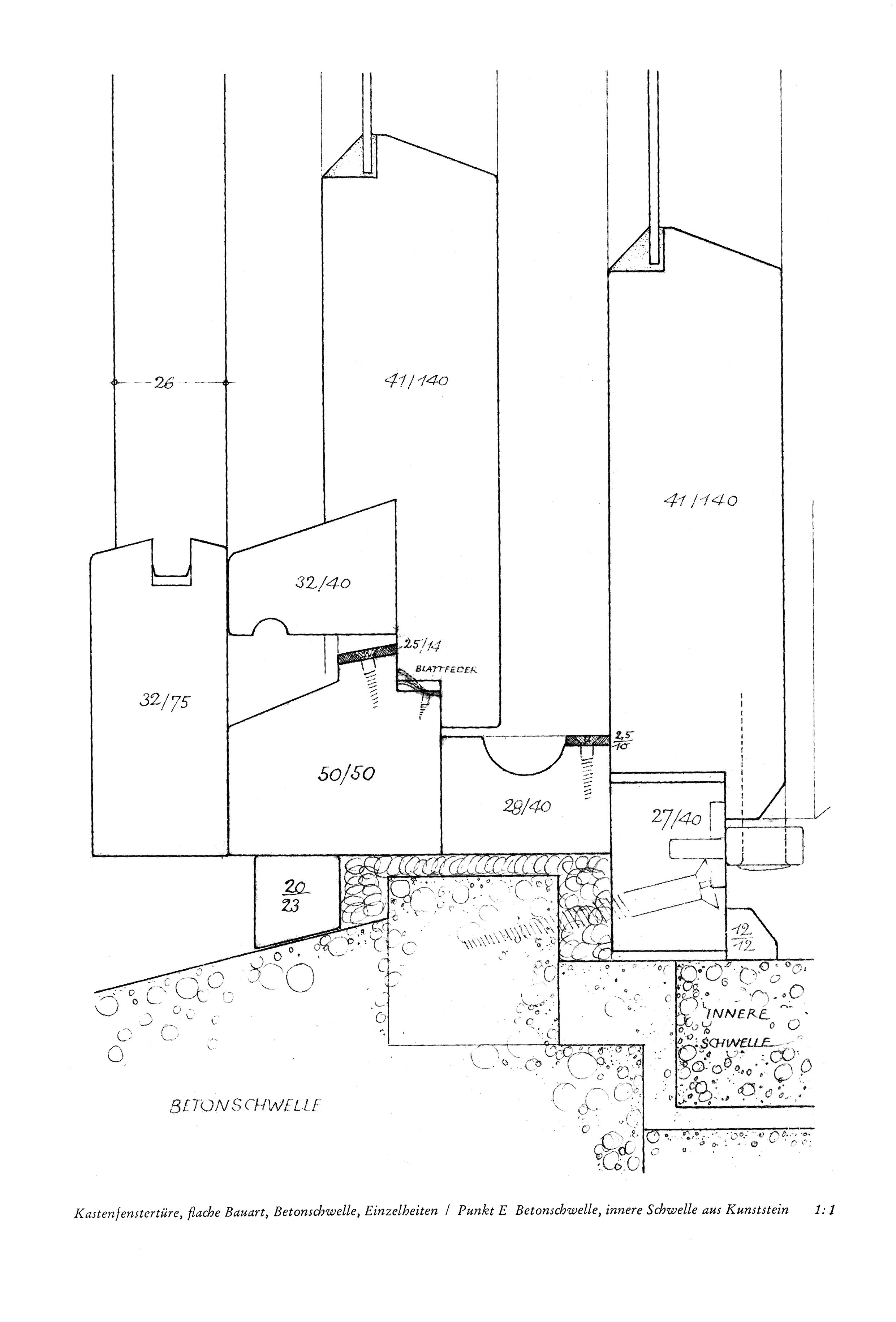 Kastenfenster, flache Bauart, Betonschwelle, Einzelheiten / Punkt E Betonschwelle, innere Schwelle aus Kunststein 1:1