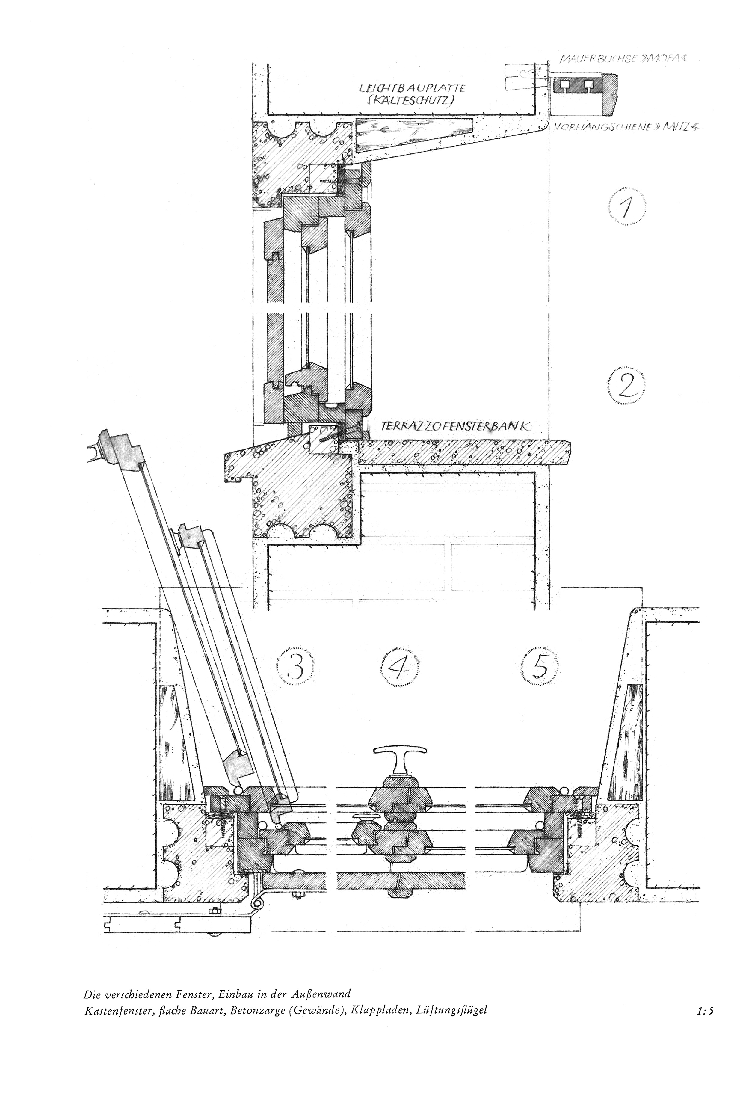 Die verschiedenen Fenster, Einbau in der Außenwand Kastenfenster, flache Bauart, Betonzarge (Gewände), Klappladen, Lüftungsflügel 1:5