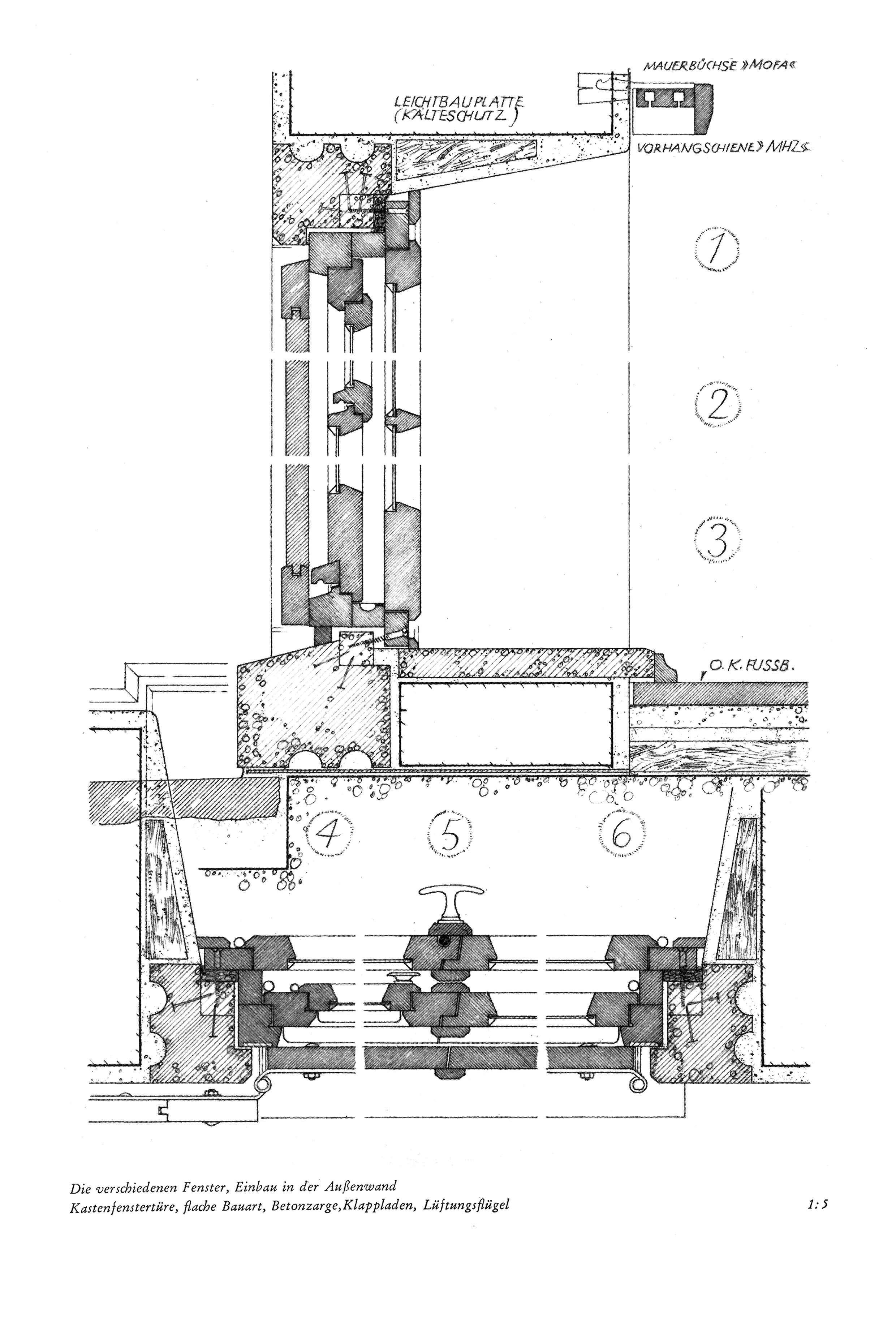 Die verschiedenen Fenster, Einbau in der Außenwand Kastenfenster, flache Bauart, Betonzarge, Klappladen, Lüftungsflügel 1:5