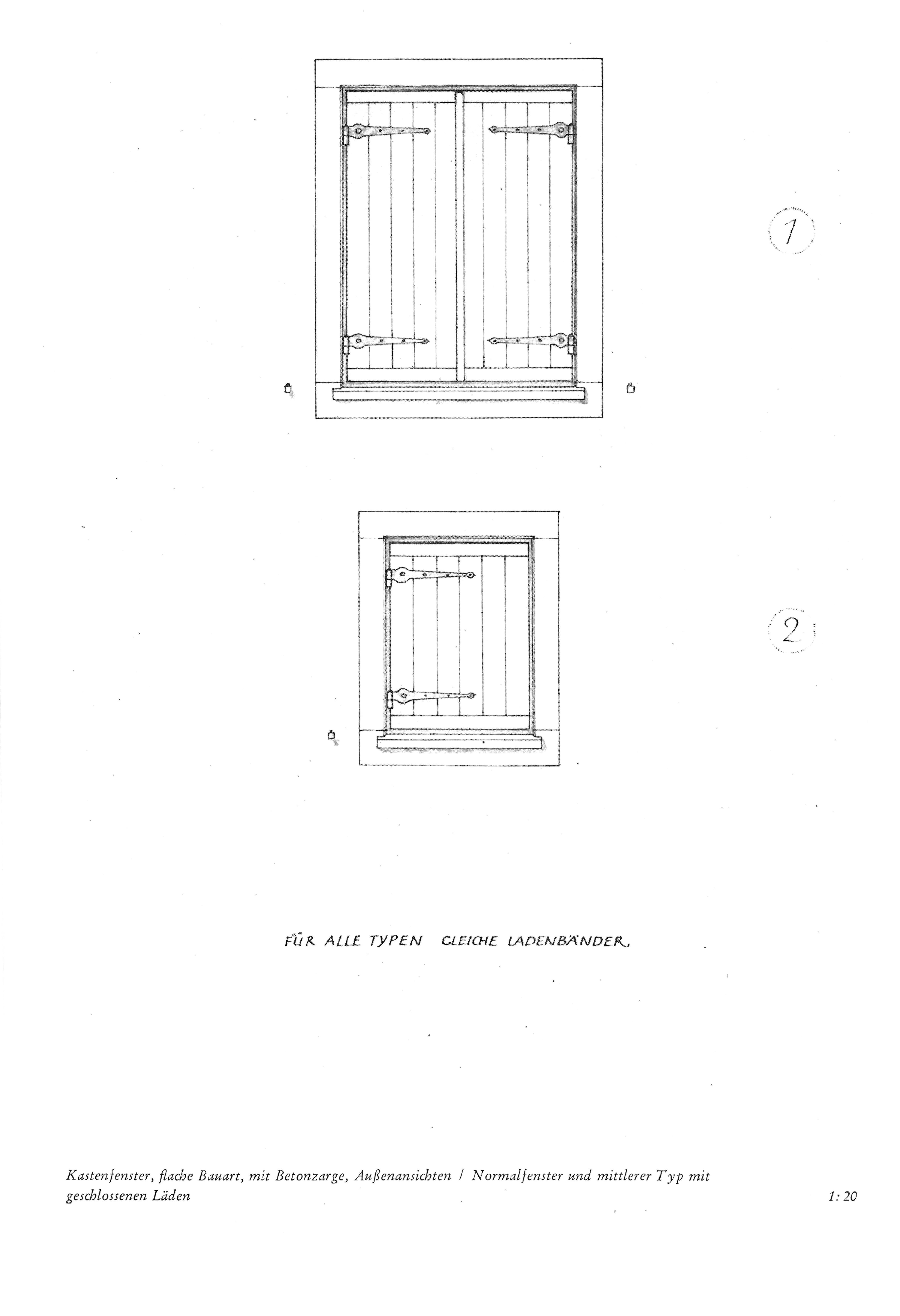 Kastenfenster, flache Bauart, mit Betonzarge, Außenansichten / Normalfenster und mittlerer Typ mit geschlossenen Läden 1:20