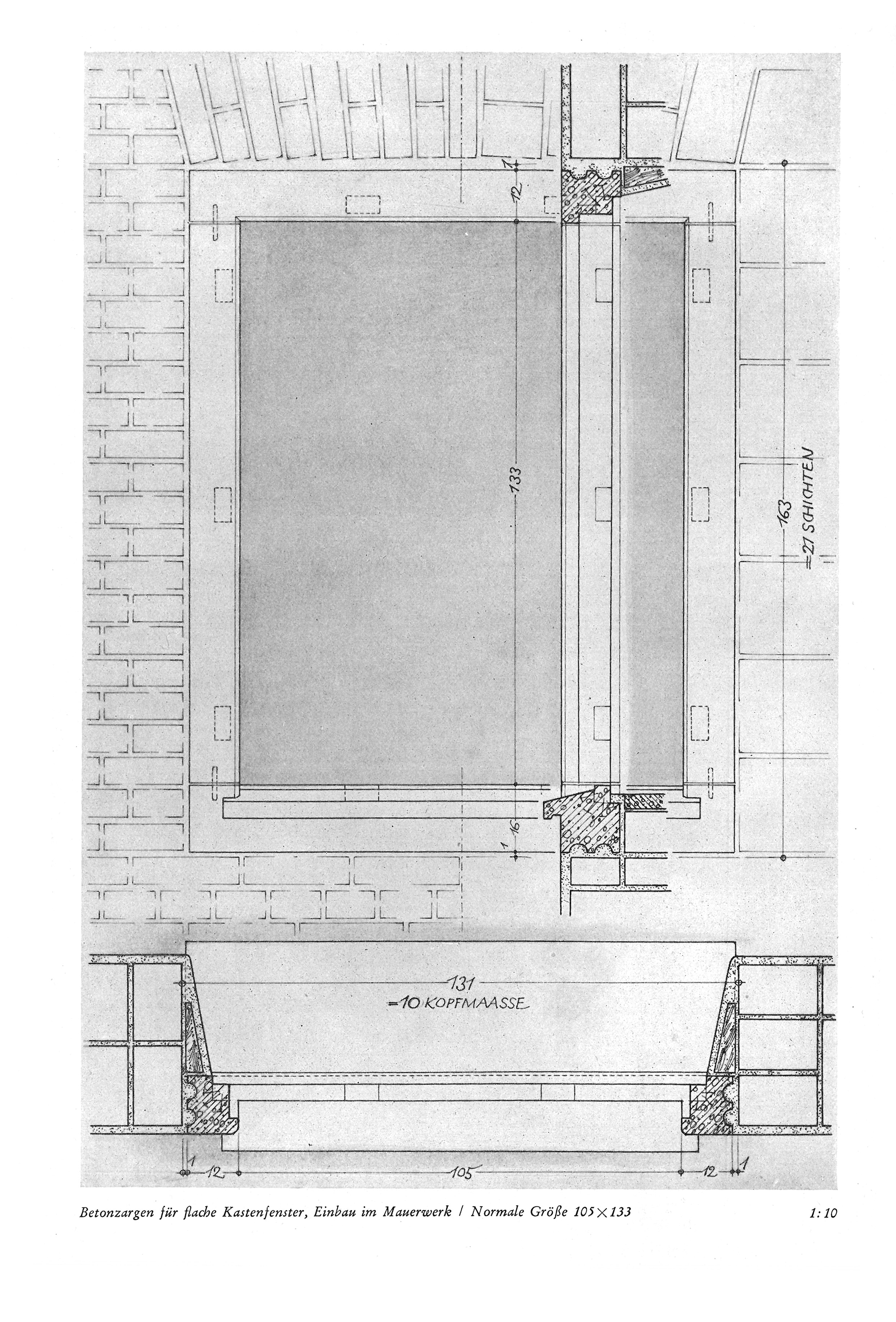 Betonzargen für flache Kastenfenster, Einbau im Mauerwerk / Normale Größe 105 x 133 1:10