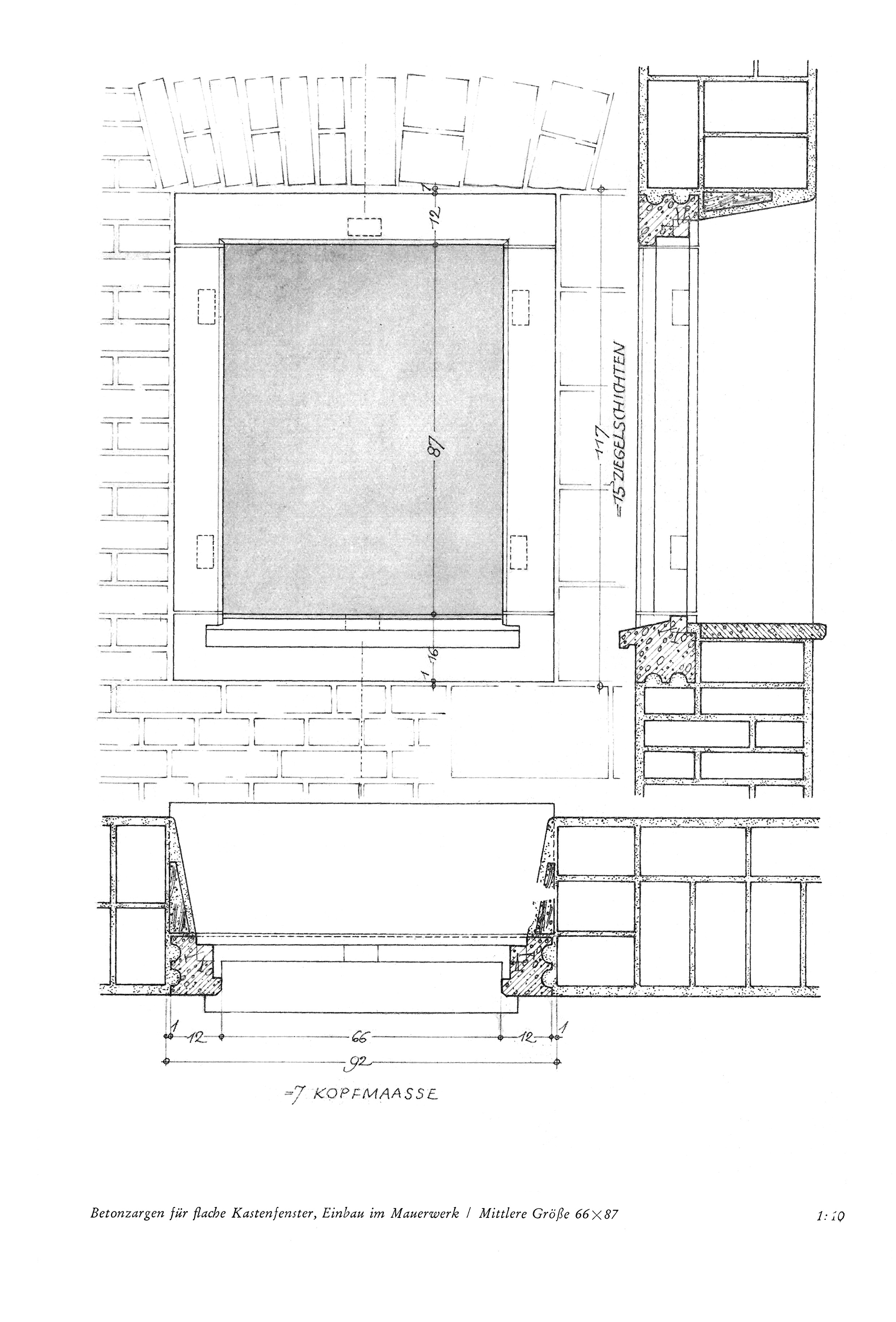 Betonzargen für flache Kastenfenster, Einbau im Mauerwerk / Mittlere Größe 66 x 87 1:10