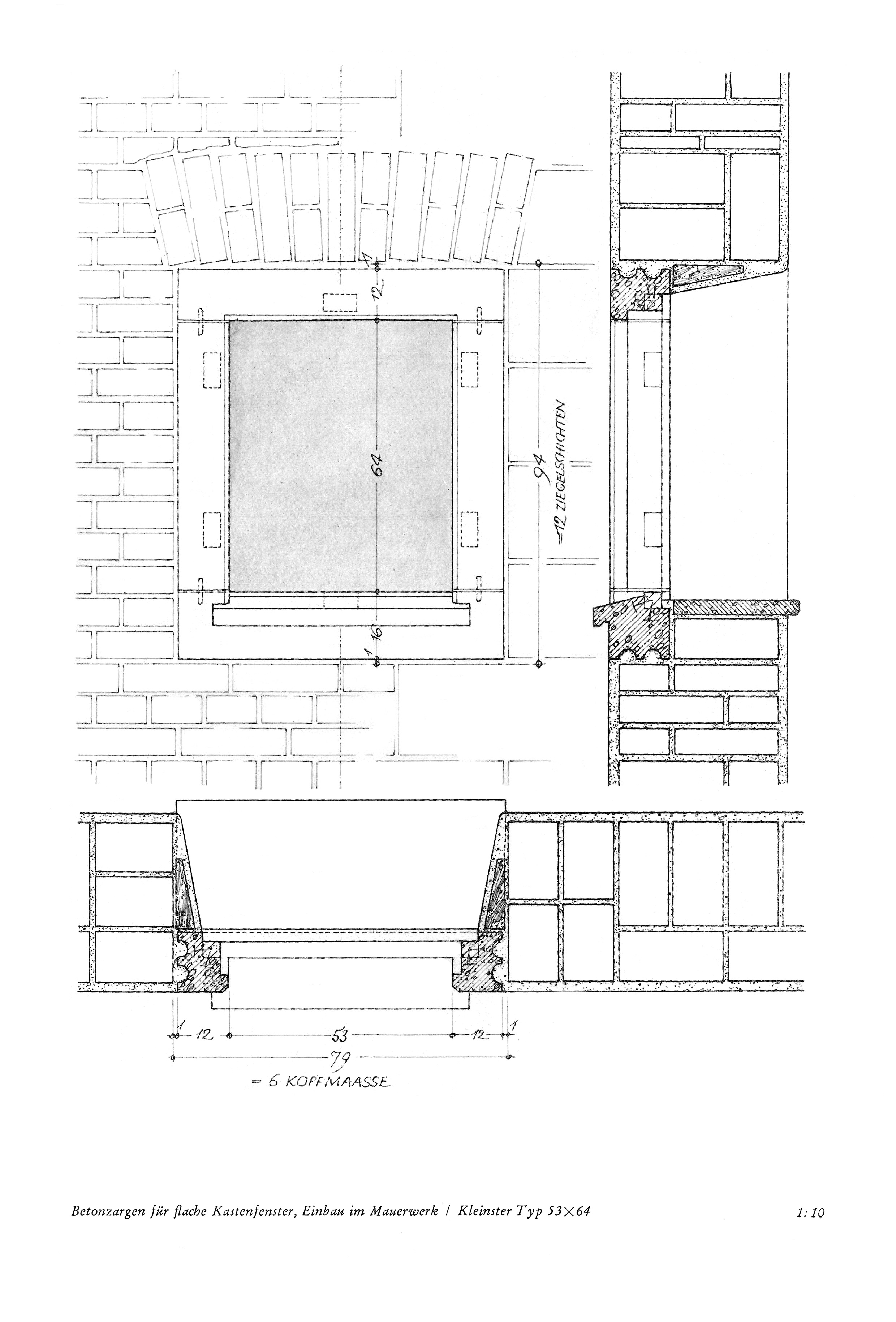 Betonzargen für flache Kastenfenster, Einbau im Mauerwerk / Kleinster Typ 53 x 64 1:10