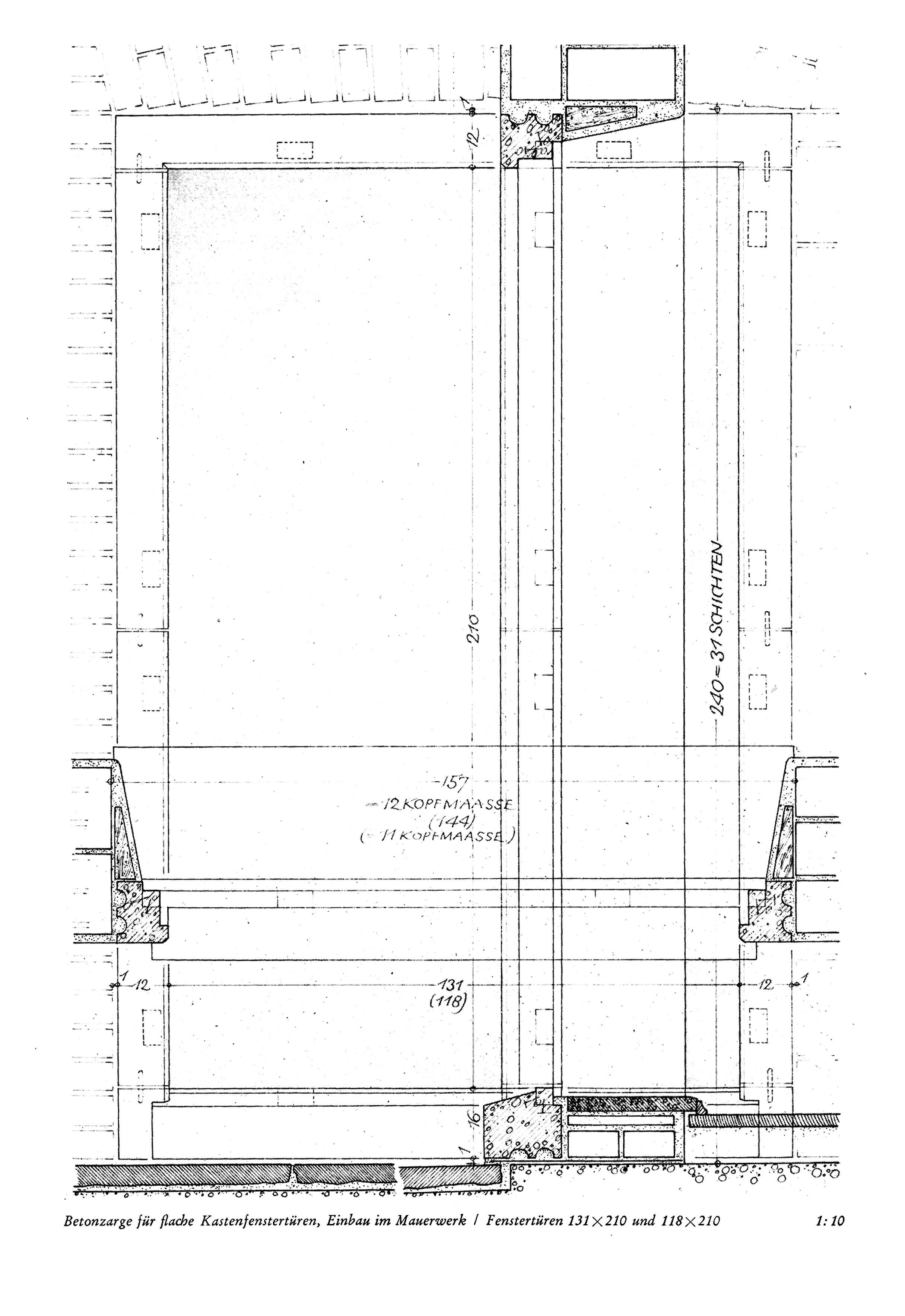 Betonzargen für flache Kastenfenster, Einbau im Mauerwerk / Fenstertüren 131 x 210 und 118 x 210 1:10