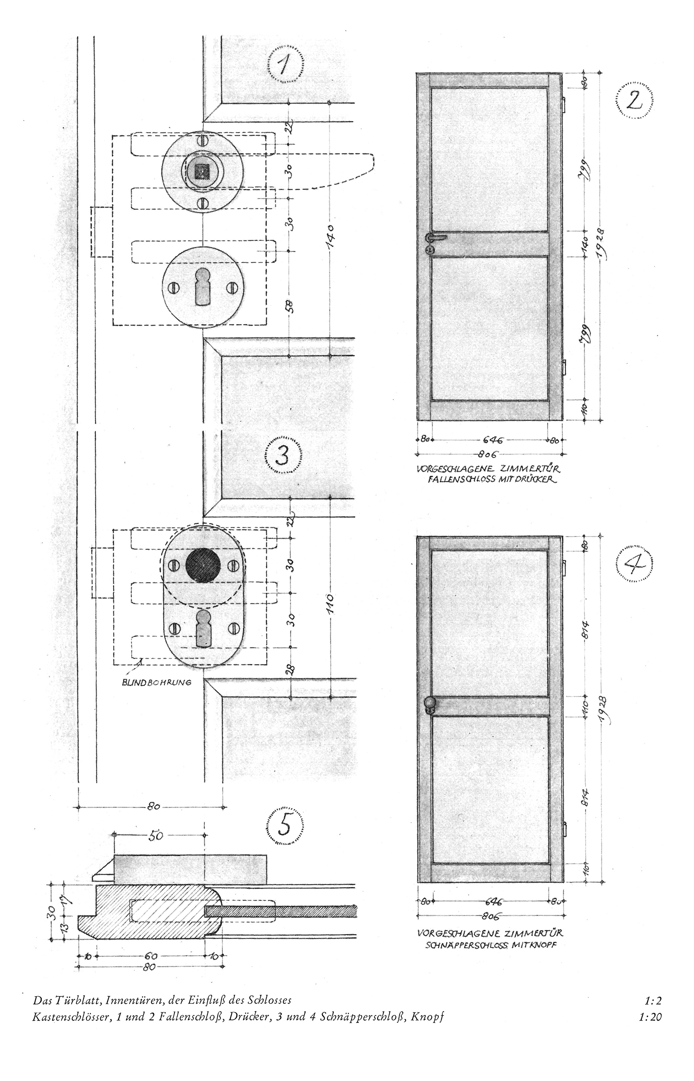 Tafel 48 // Kastenschlösser, 1 und 2 Fallenschloß, Drücker, 3 und 4 Schnäpperschloss, Knopf