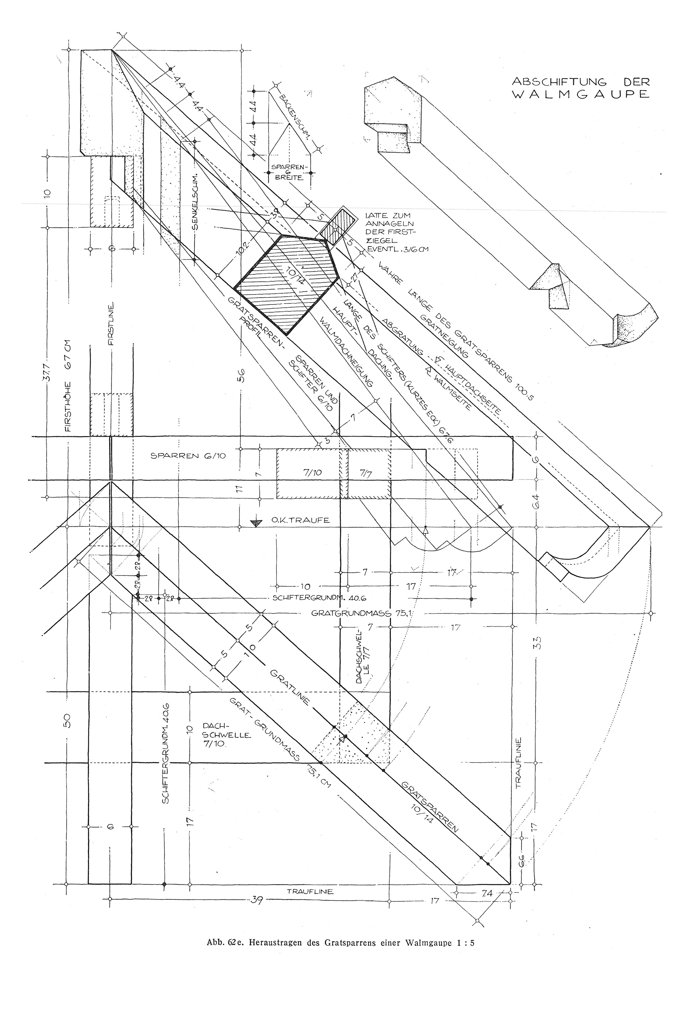 Abb. 62e. // Heraustragen des Gratsparrens einer Walmgaupe 1:5
