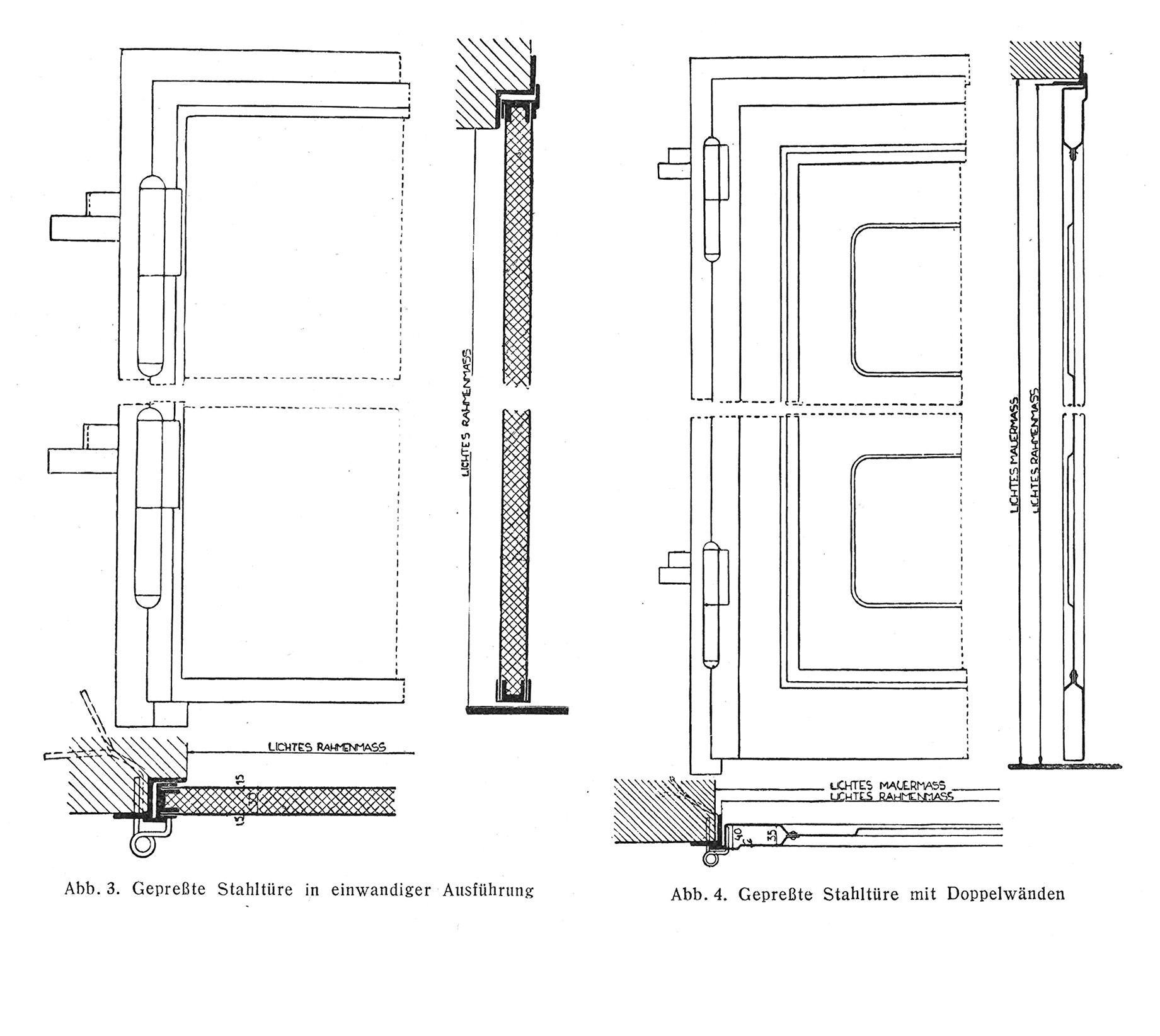 Abb. 3. // Gepreßte Stahltüre in einwandiger Ausführung // Abb. 4. // Gepreßte Stahltüre mit Doppelwänden