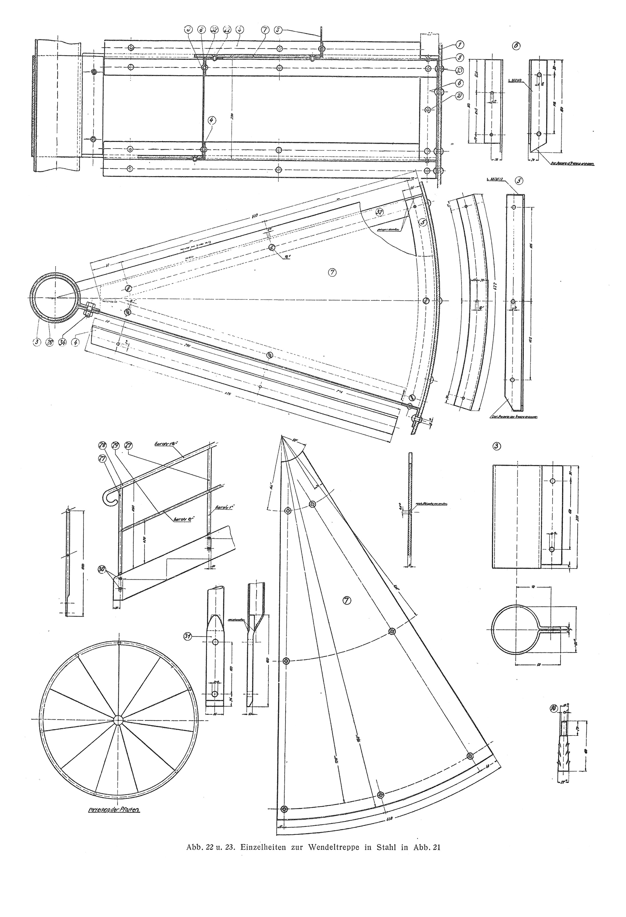 Abb. 22. u. 23. // Einzelheiten zur Wendeltreppe in Stahl in Abb.21
