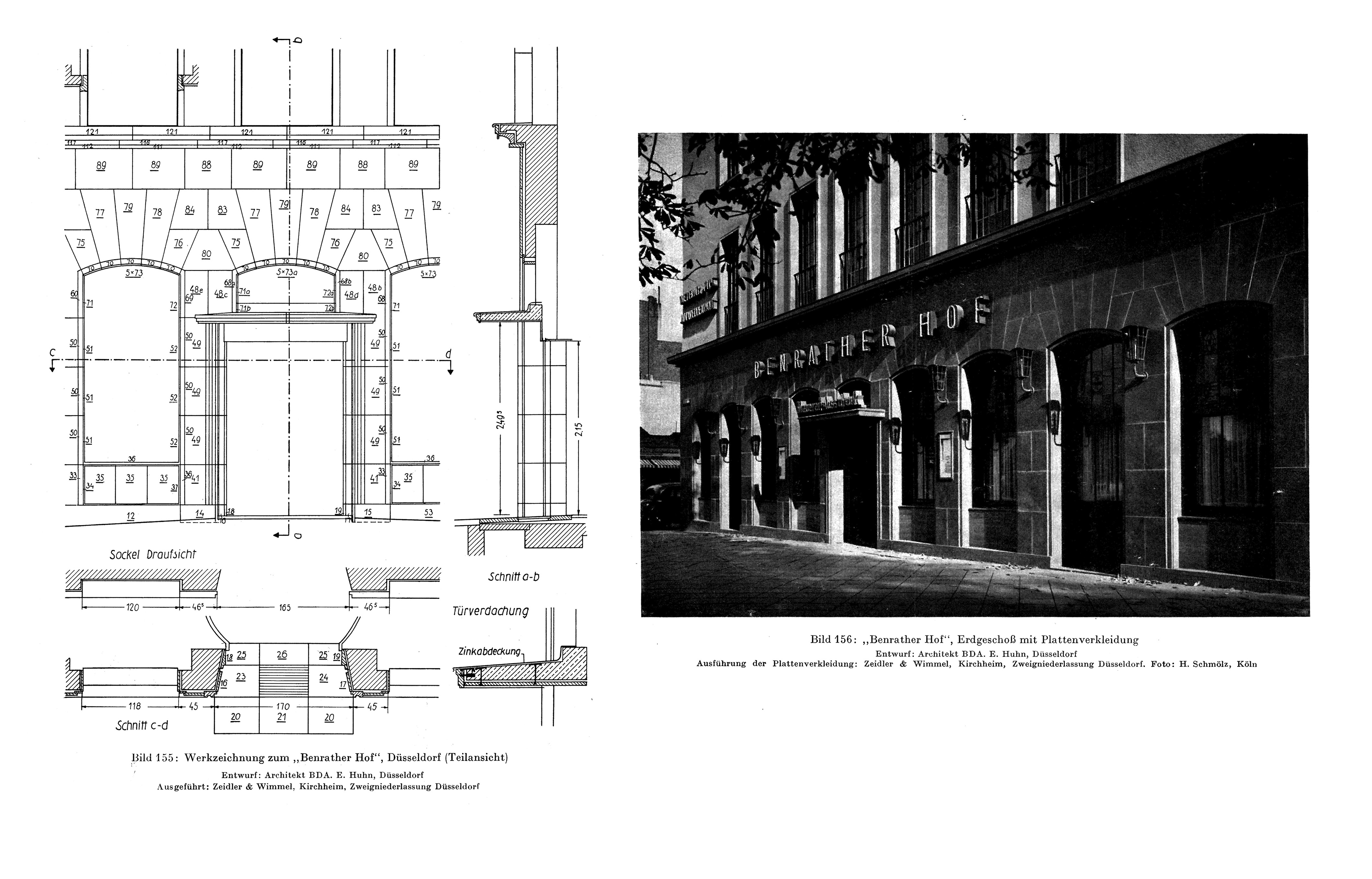 Bild 155 - 156 // ,Benrather Hof', Erdgeschoß mit Plattenverkleidung und Werkzeichnung [Anm. d. Red.]