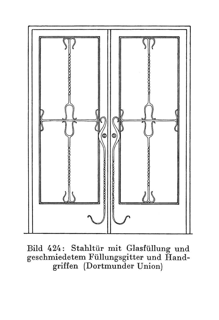 Bild 424 // Stahltür mit Glasfüllung und geschmiedetem Füllungsgitter und Handgriffen (Dortmunder Union)