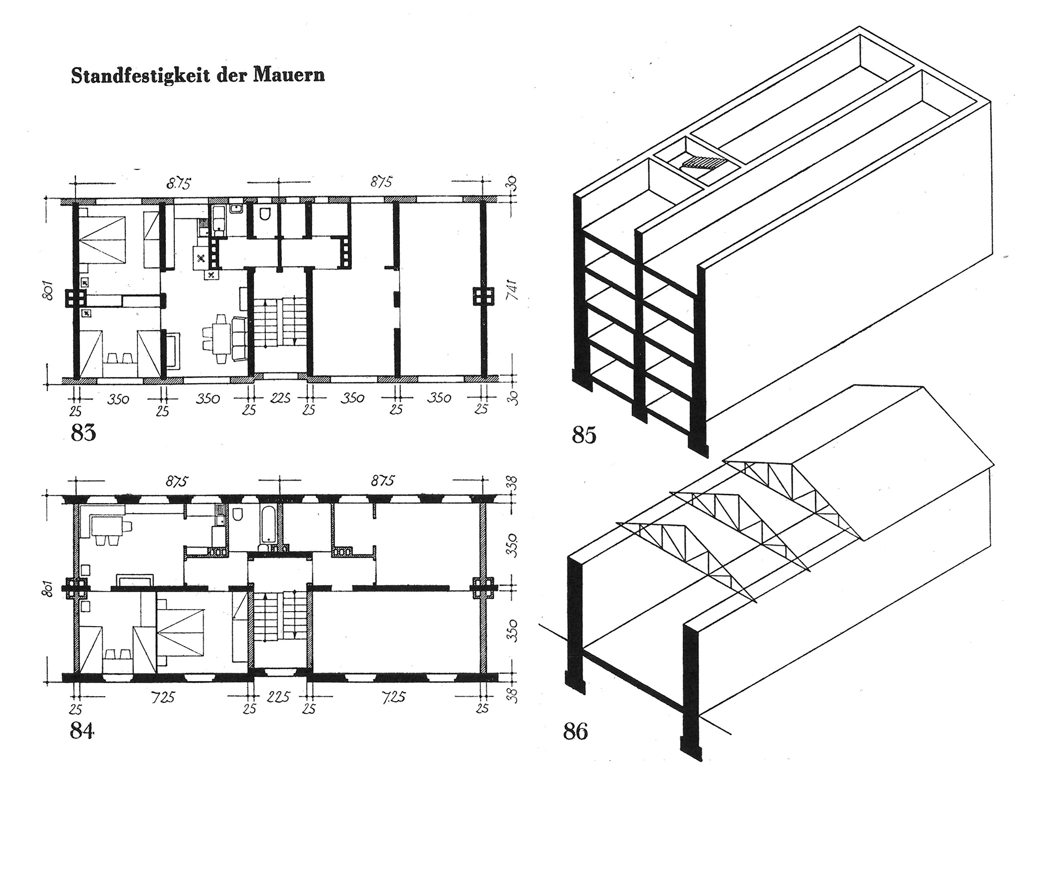 83 Quertragwände // 84 Längs mit Mitteltragwand // 85 Geschoßbauten ohne Querwände // 86 Hallenbau [Anm. d. Red.]