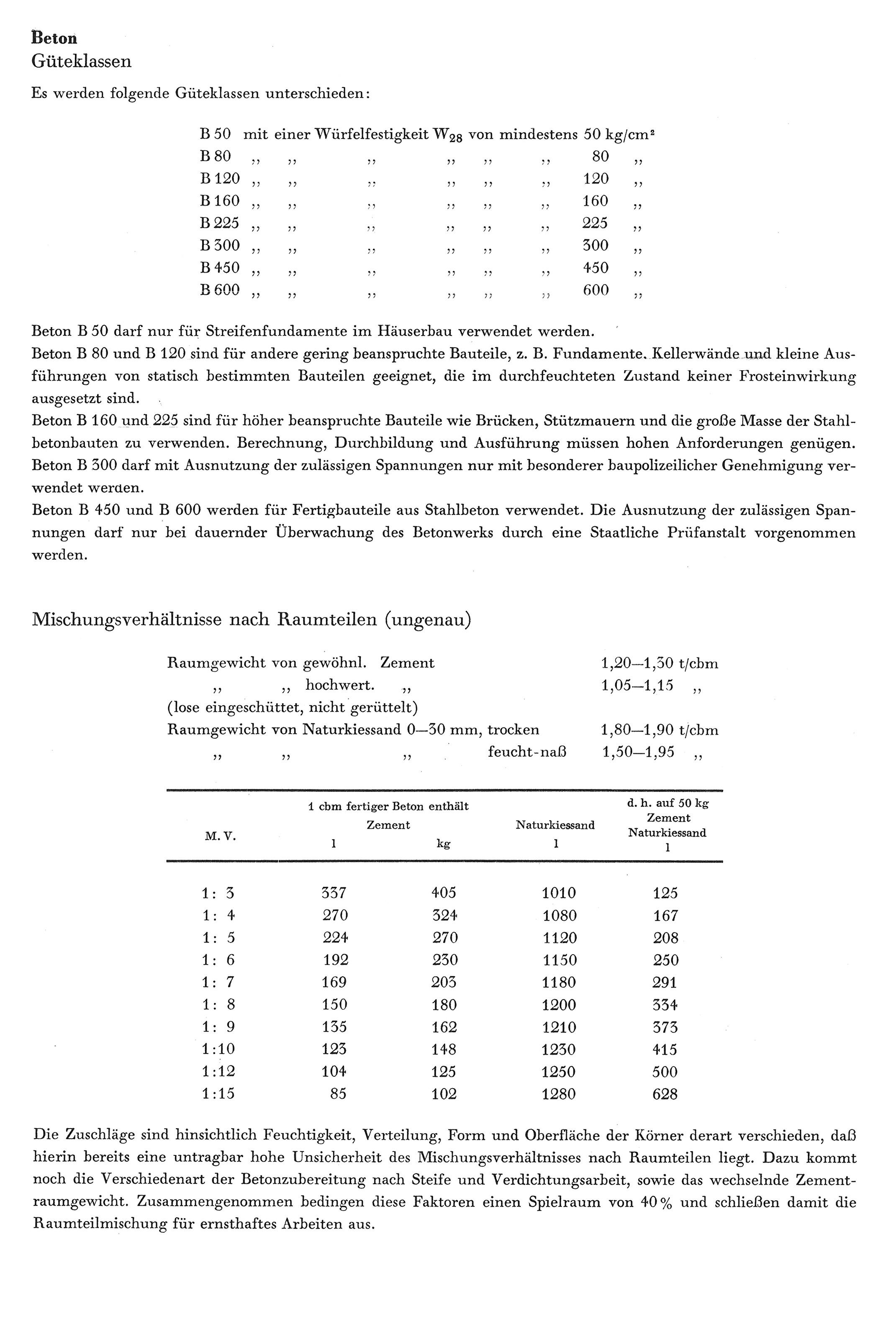 Beton, Güteklassen und Mischverhältnisse nach Raumteilen