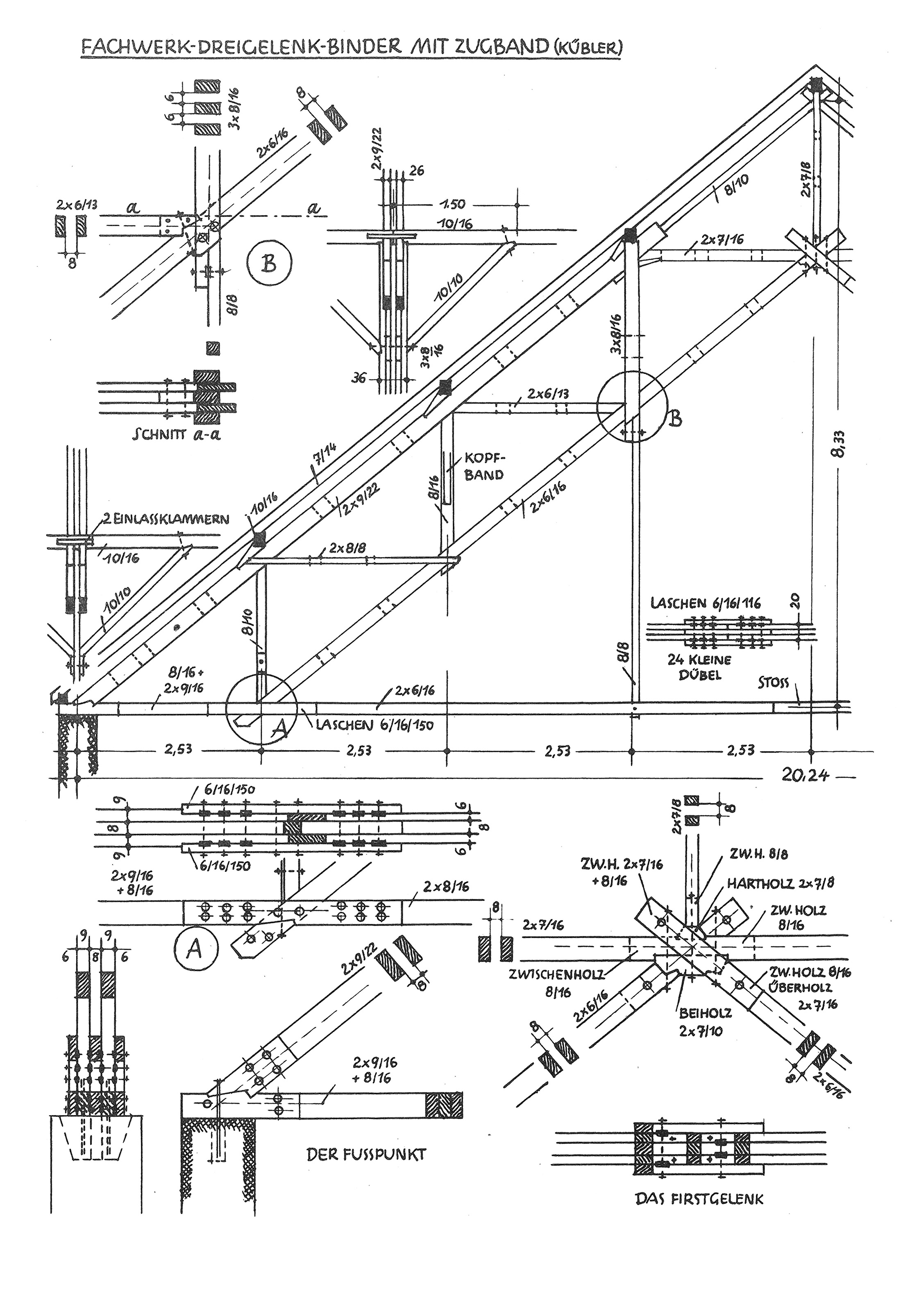 Fachwerk-Dreigelenk-Binder mit Zugband (Kübler)