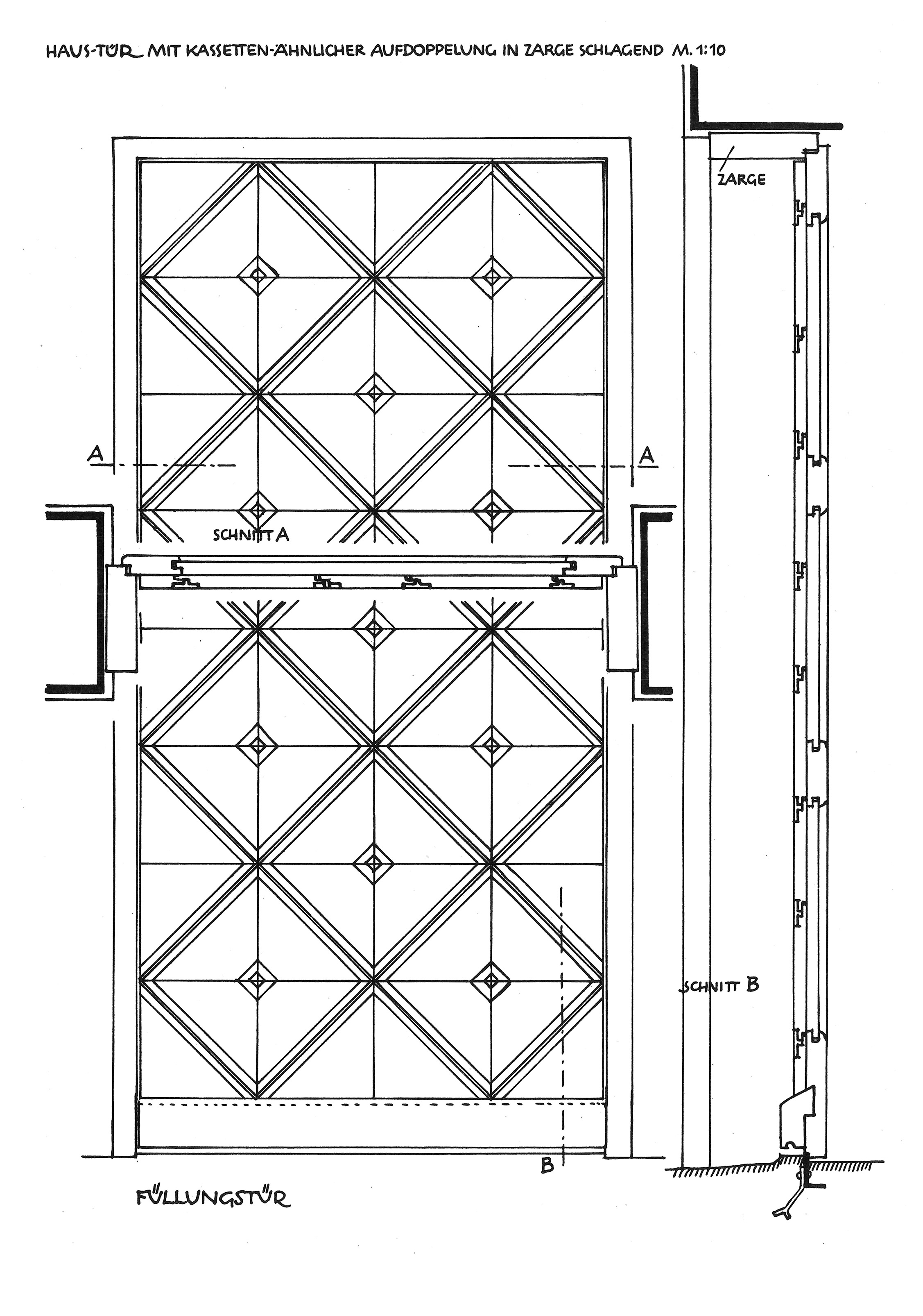 Haus-Tür mit kassetten-ähnlicher Aufdoppelung in Zarge schlagend M. 1:10