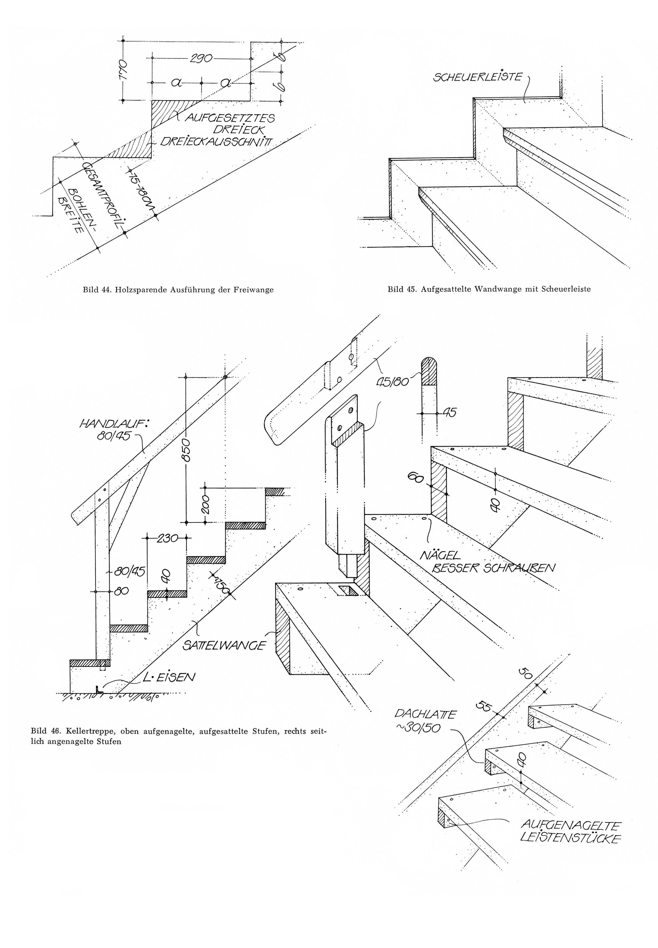 Bild 44. // Holzsparende Ausführung der Freiwange. // Bild 45. // Aufgesattelte Wandwange mit Scheuerleiste. // Bild 46. // Kellertreppe.