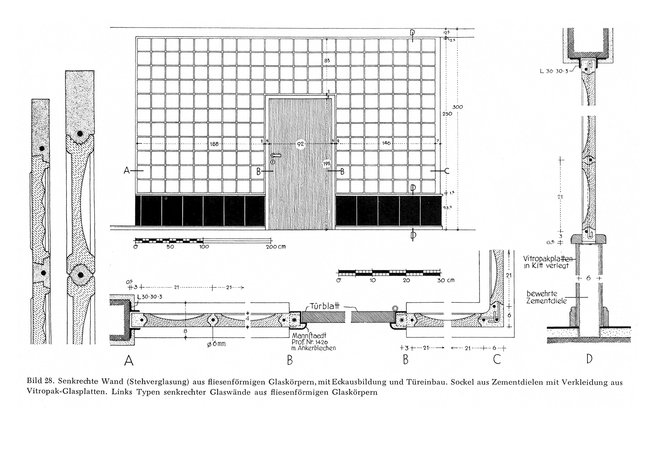 Bild 28. // Senkrechte Wand (Stehverglasung) aus fliesenförmigen Glaskörpern, mit Eckausbildung und Türeinbau