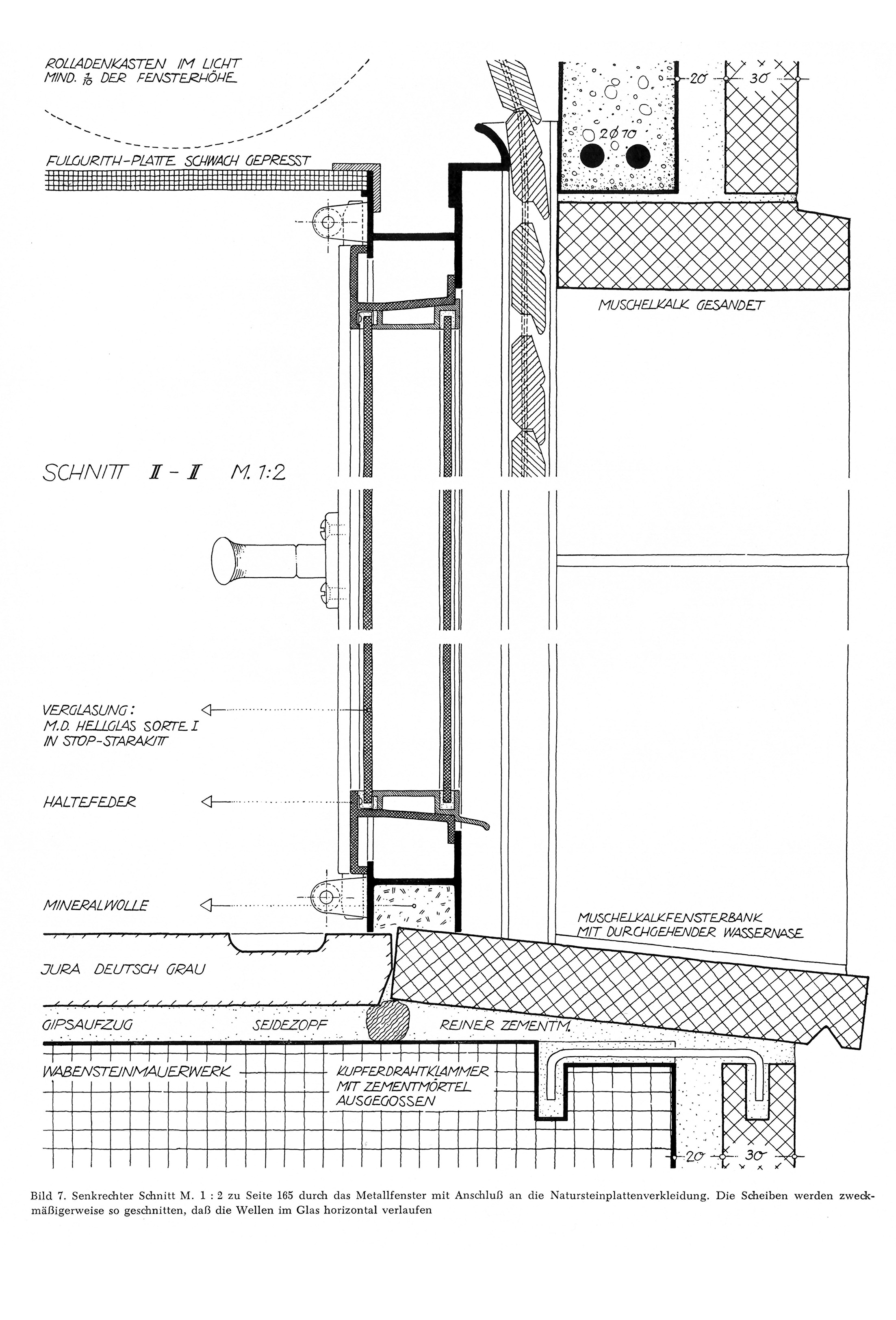 Bild 7. // Senkrechter Schnitt M. 1:2 durch Metallfenster mit Anschluß an die Natursteinplattenverkleidung [Anm. d. Red.]