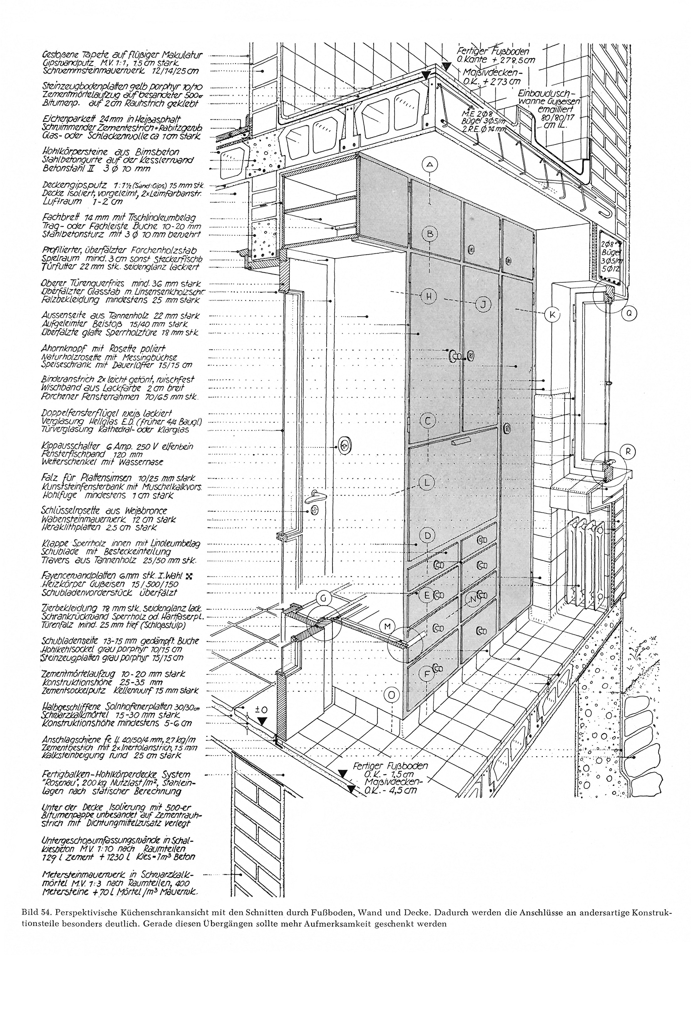 Bild 54. // Perspektivische Küchenschrankansicht mit den Schnitten durch Fußboden, Wand und Decke.