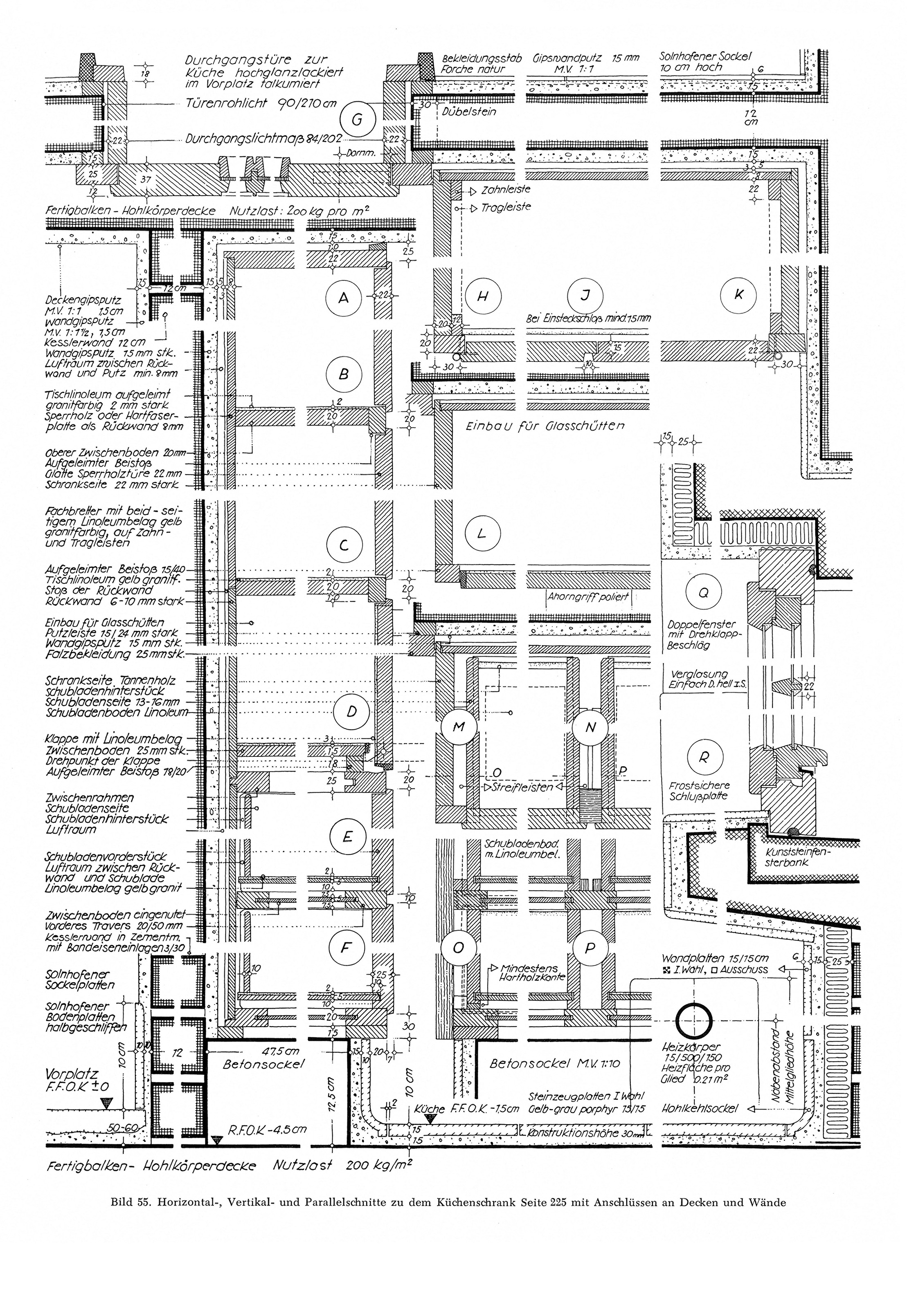 Bild 55. // Horizontal-, Vertikal- und Parallelschnitte zu dem Küchenschrank Bild 54. [Anm. d. Red.]