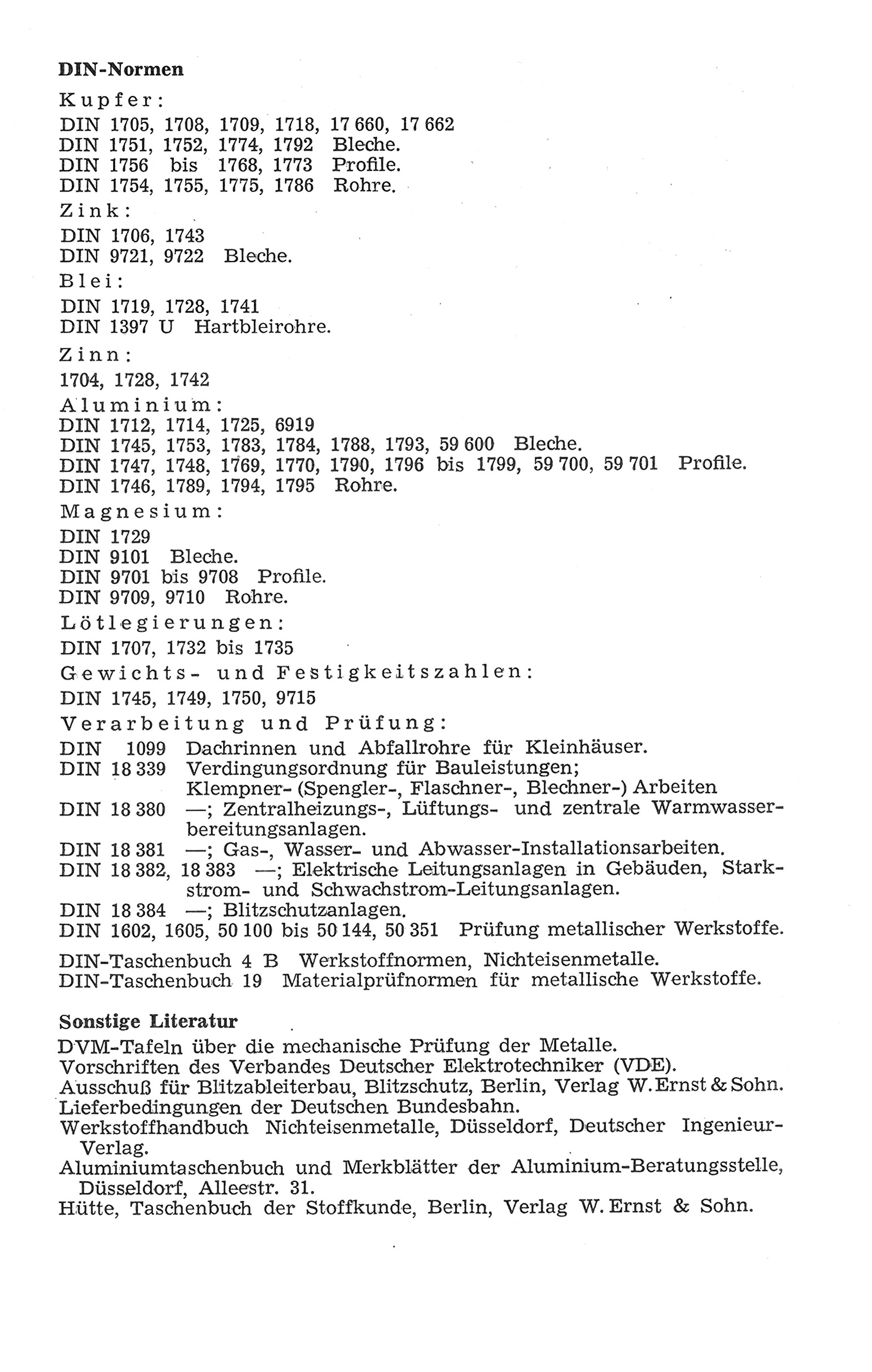 L. DIN-Normen und Schrifttum // Nichteisenmetalle