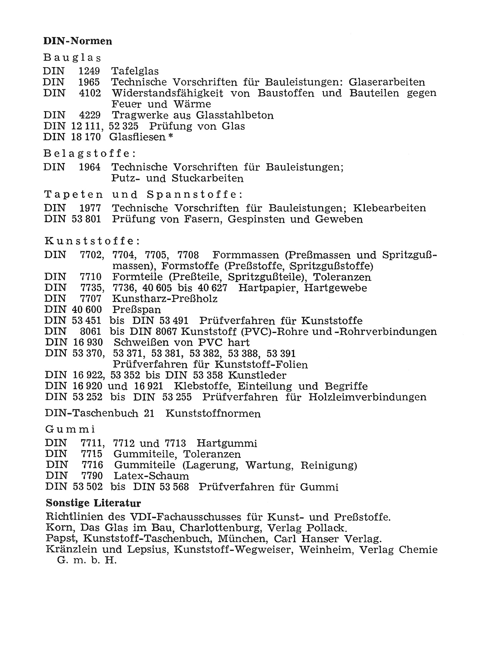 G. DIN-Normen und Schrifttum // Sonstige Baustoffe