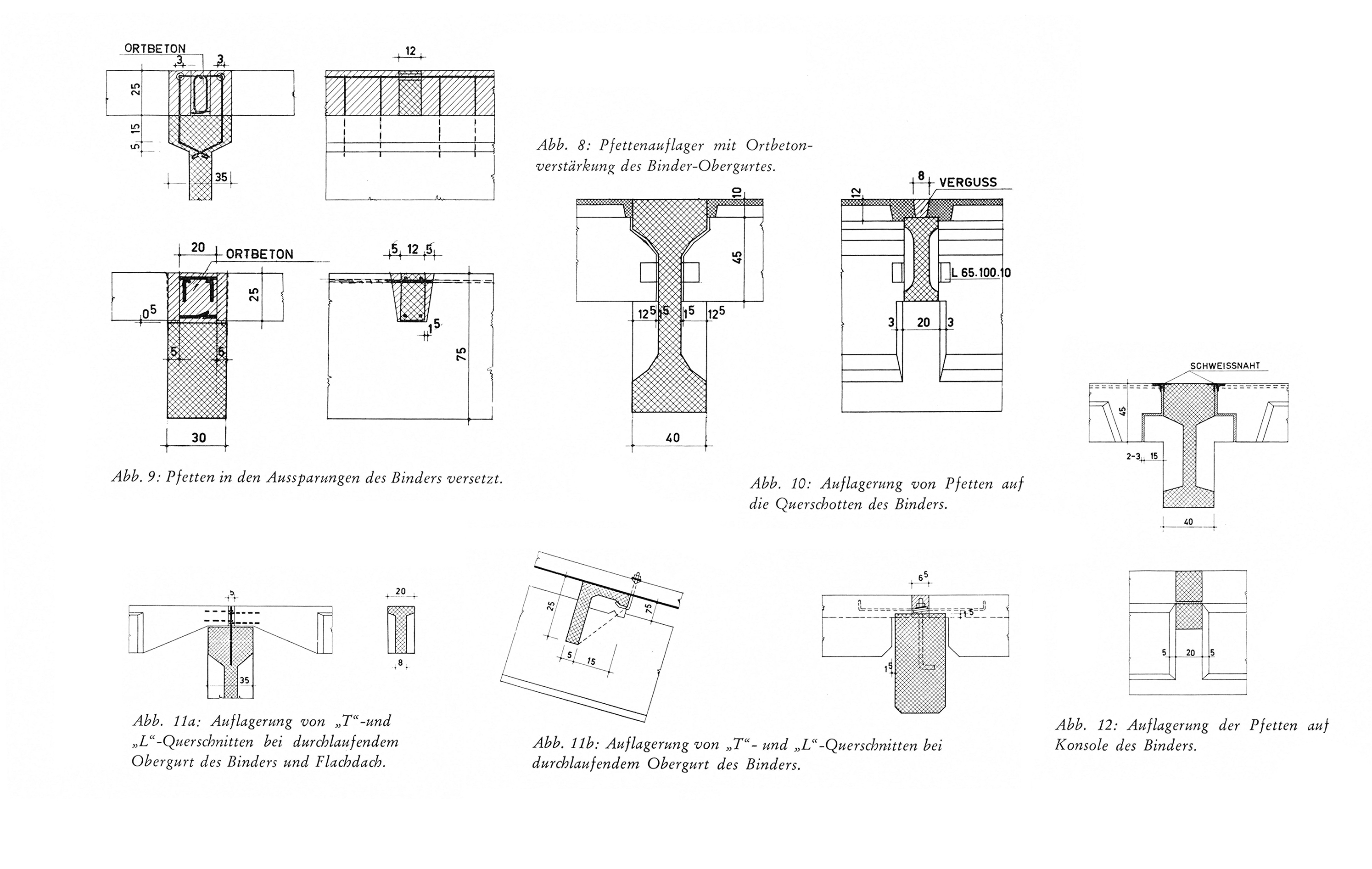 Abb. 8: Pfettenauflager mit Ortbetonverstärkung des Binder-Obergurtes. // Abb. 9: Pfetten in den Aussparungen des Binders versetzt. // Abb. 10: Auflagerung von Pfetten auf die Querschotten des Binders. // Abb. 11a: Auflagerung von „T“ -und „L“ -Querschnitten bei durchlaufendem Obergurt des Binders und Flachdach. // Abb. 11b: Auflagerung von „T“- und „L“-Querschnitten bei durchlaufendem Obergurt des Binders. // Abb. 12: Auflagerung der Pfetten auf Konsole des Binders.