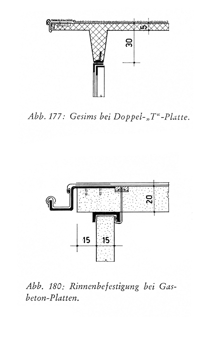 Abb. 177: Gesims bei Doppel-„T“-Platte.
Abb. 180: Rinnenbefestigung bei Gasbeton-Platten.