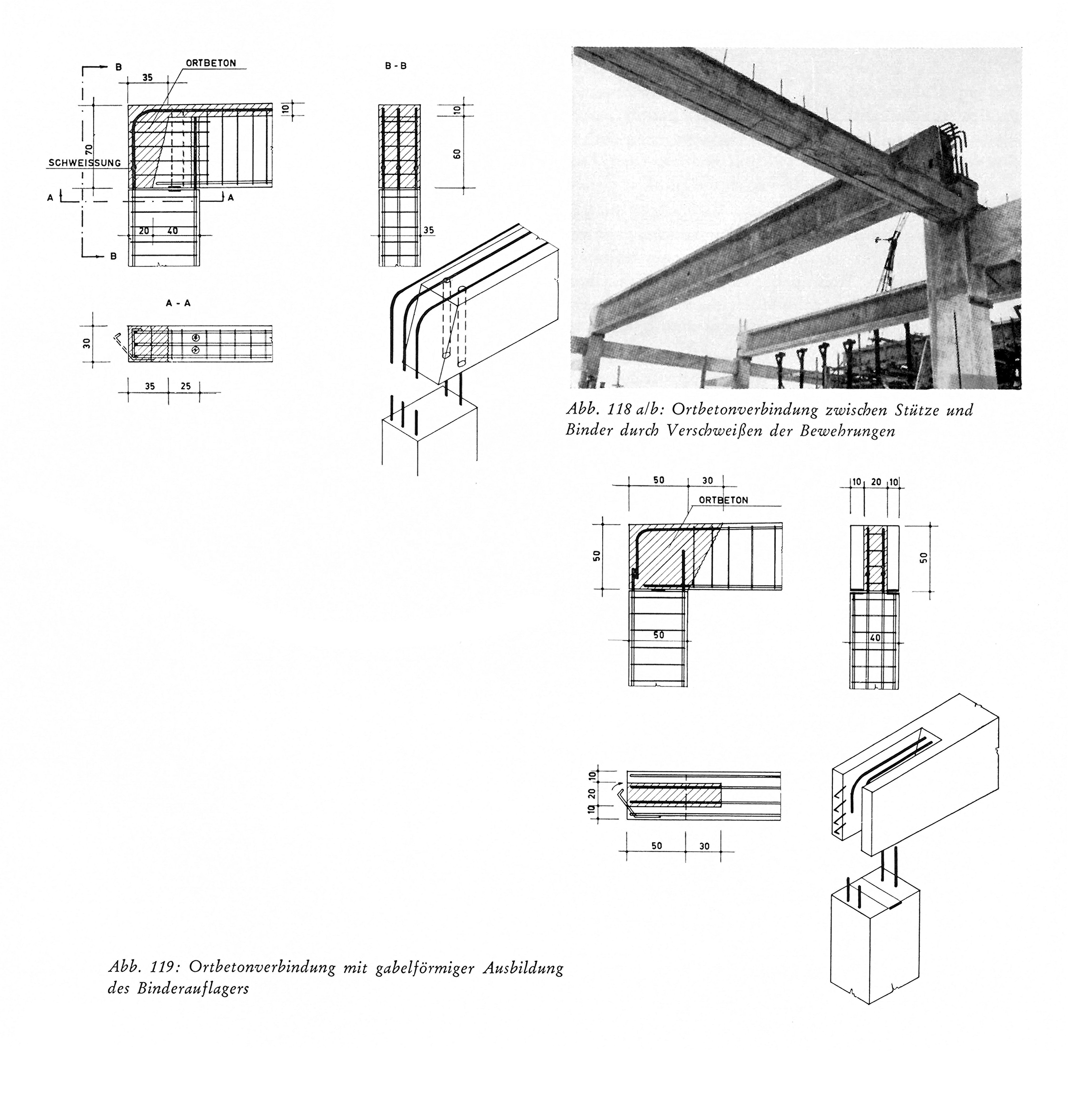 Abb. 118 a/b: Ortbetonverbindung zwischen Stütze und Binder durch Verschweißen der Bewehrungen
Abb. 119: Ortbetonverbindung mit gabelförmiger Ausbildung des Binderauflagers