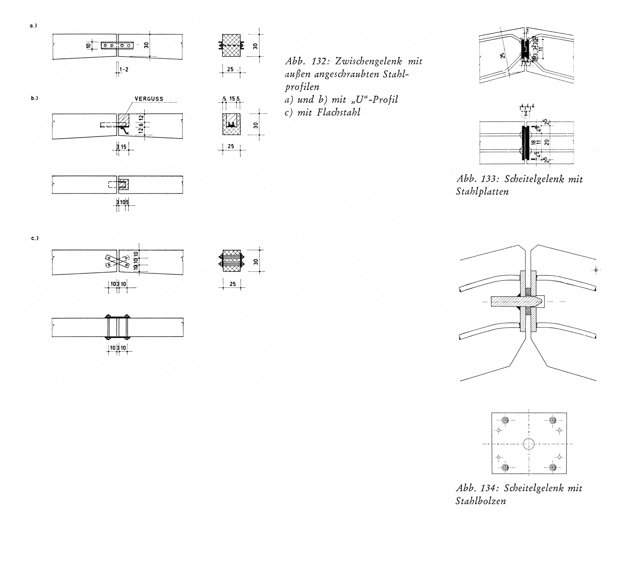 Abb. 132: Zwischengelenk mit außen angeschraubten Stahlprofilen a) und b) mit „U“-Profil c) mit Flachstahl
Abb. 133: Scheitelgelenk mit Stahlplatten
Abb. 134: Scheitelgelenk mit Stahlbolzen