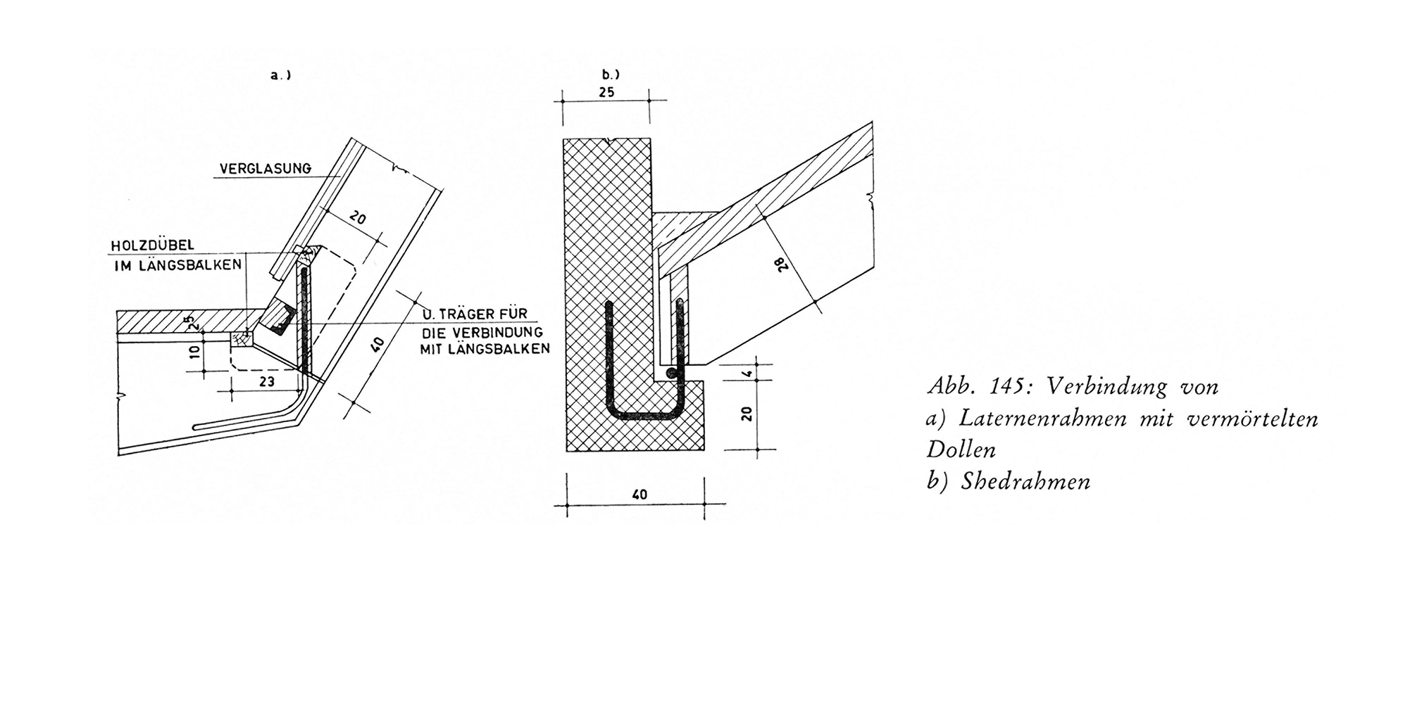 Abb. 145: Verbindung von a) Laternenrahmen mit vermörtelten Dollen b) Shedrahmen