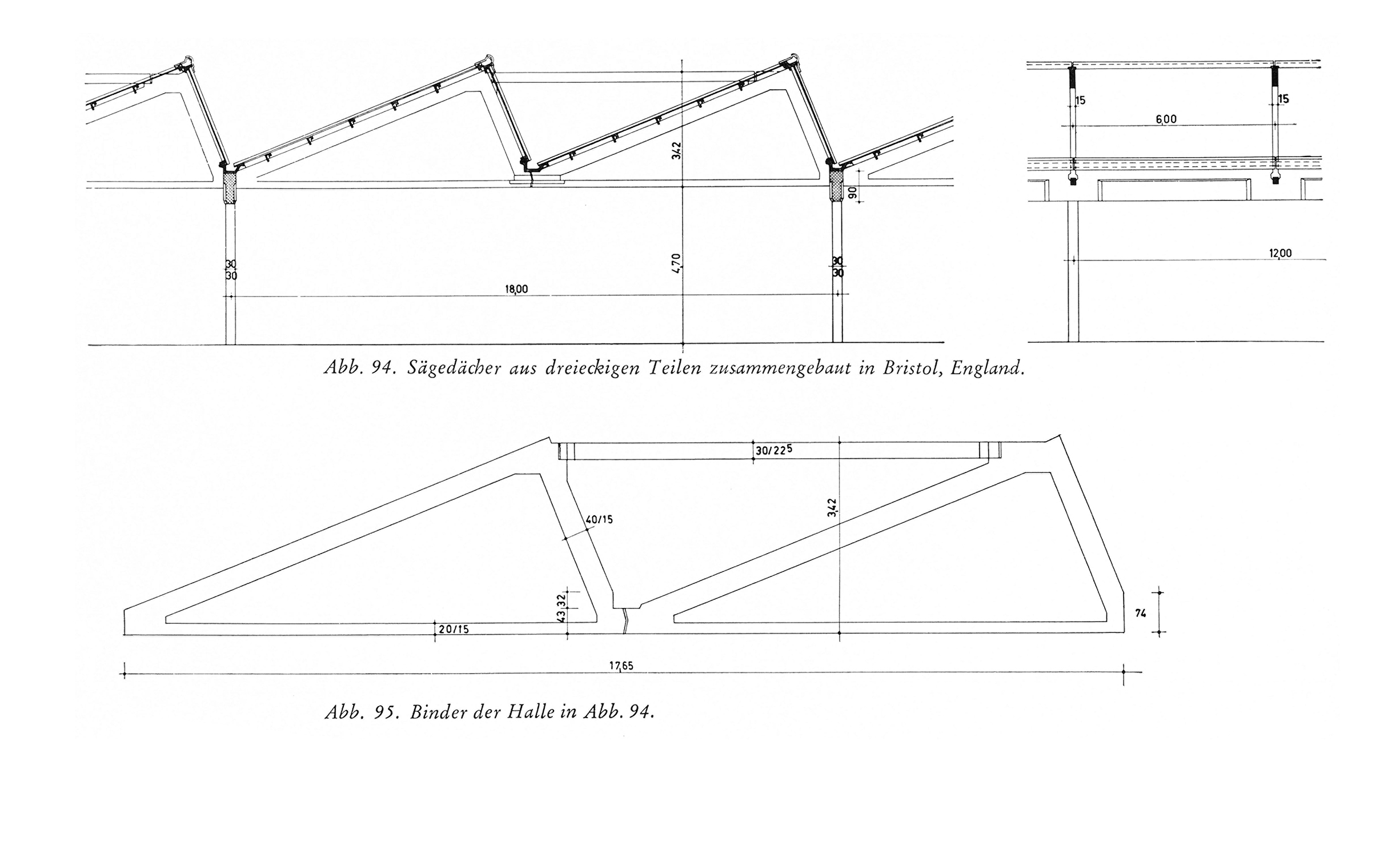 Abb. 94. Sägedächer aus dreieckigen Teilen zusammengebaut in Bristol, England.
Abb. 95. Binder der Halle in Abb. 94.