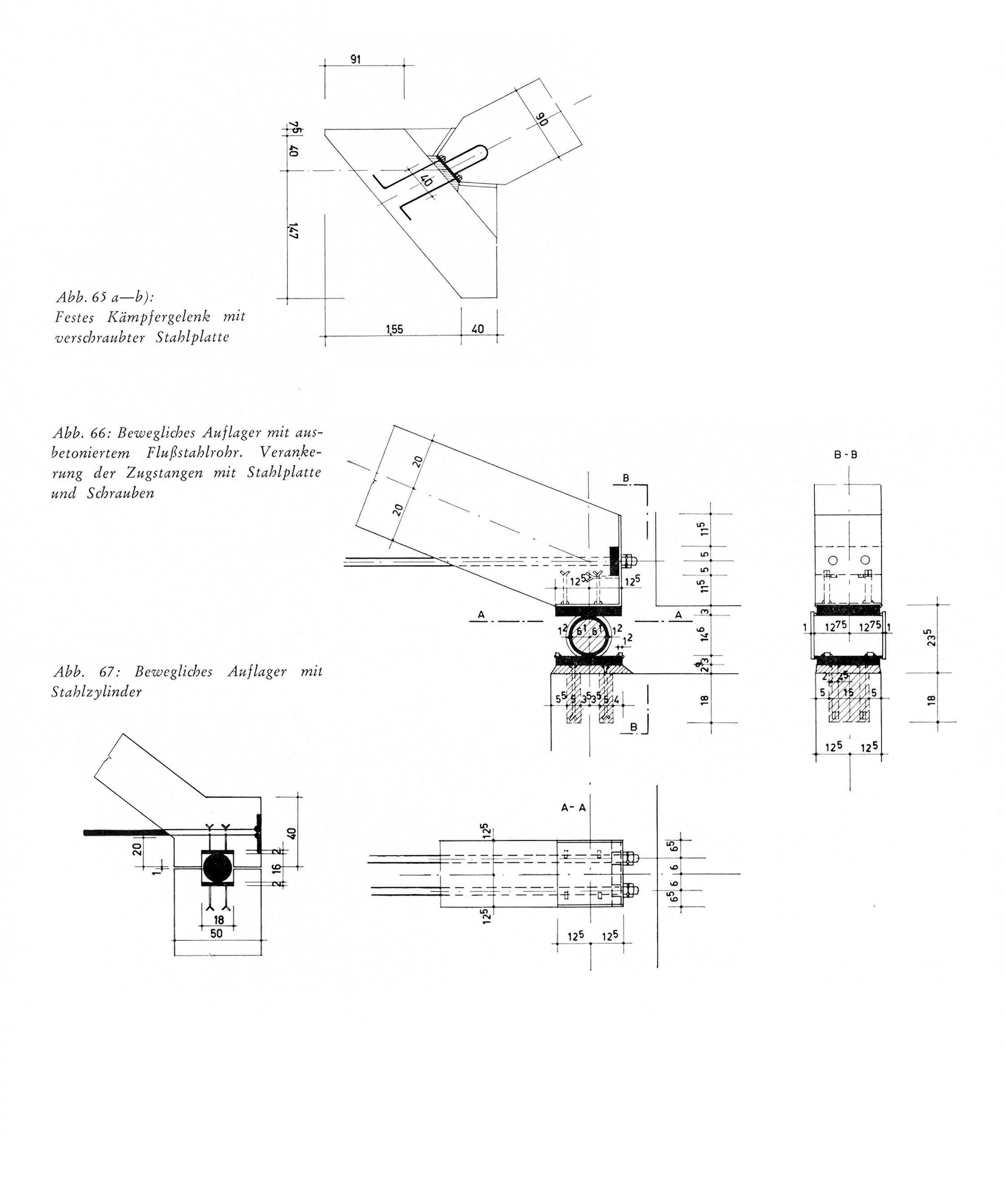 Abb. 65 a-b): Festes Kämpfergelenk mit verschraubter Stahlplatte
Abb. 66: Bewegliches Auflager mit ausbetoniertem Flußstahlrohr. Verankerung der Zugstangen mit Stahlplatte und Schrauben
Abb. 67: Bewegliches Auflager mit Stahlzylinder