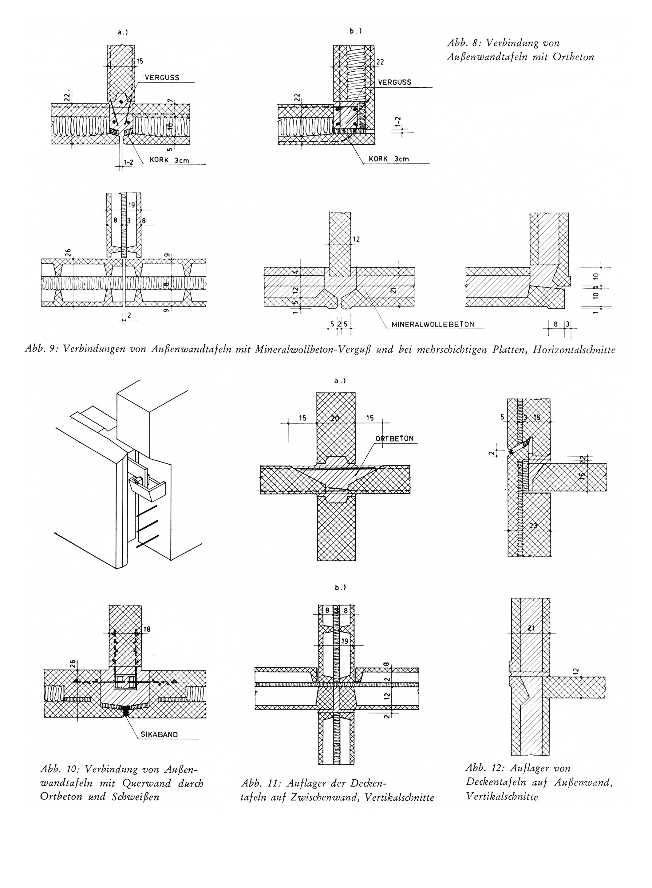 Abb. 8: Verbindung von Außenwandtafeln mit Ortbeton // Abb. 9: Verbindungen von Außenwandtafeln mit Mineralwollbeton-Verguß und bei mehrschichtigen Platten, Horizontalschnitte // Abb. 10: Verbindung von Außenwandtafeln mit Querwand durch Ortbeton und Schweißen // Abb. 11: Auflager der Deckentafeln auf Zwischenwand, Vertikalschnitte // Abb. 12: Auflager von Deckentafeln auf Außenwand, Vertikalschnitte