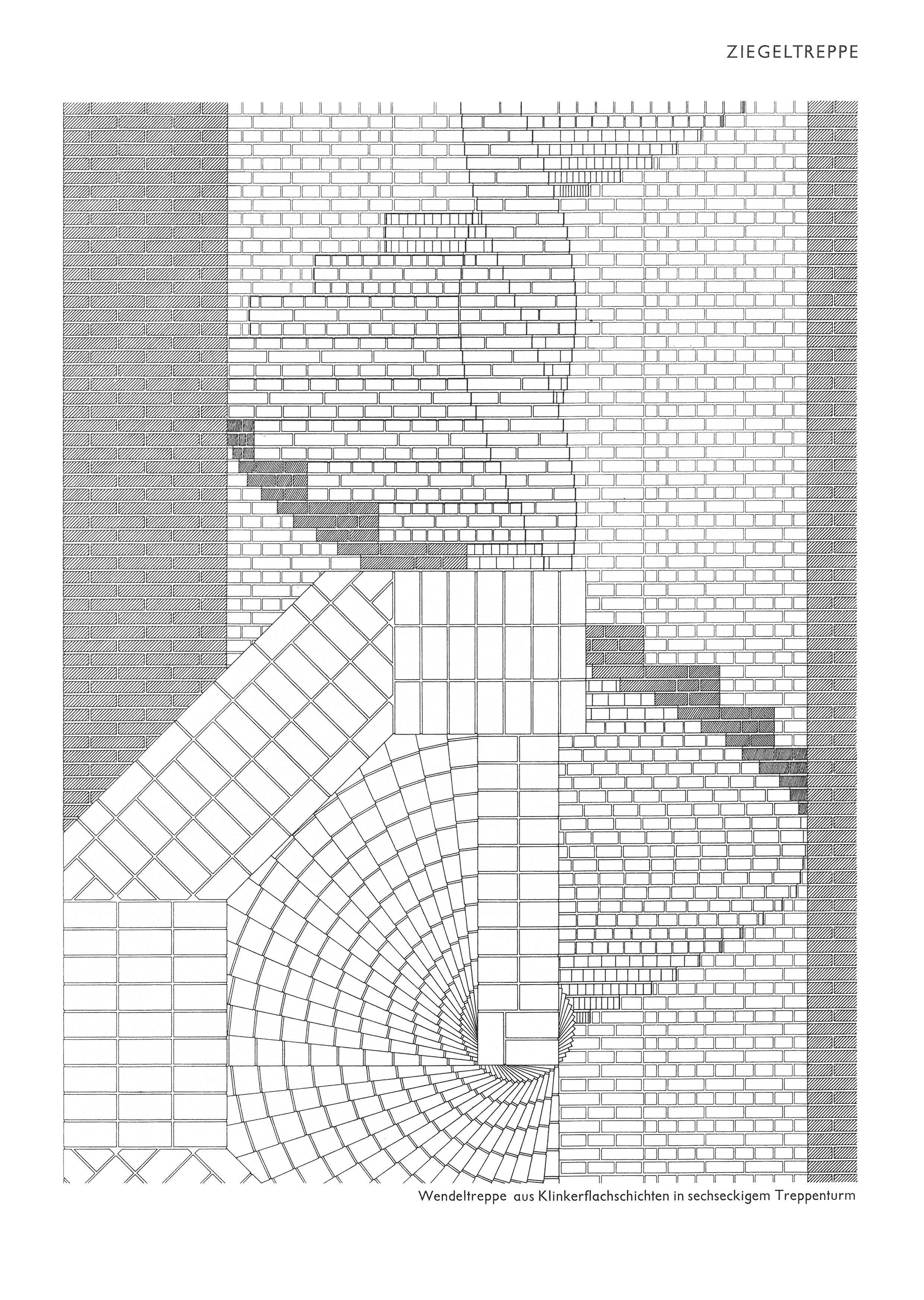 Wendeltreppe aus Klinkerflachschichten in sechseckigem Treppenturm