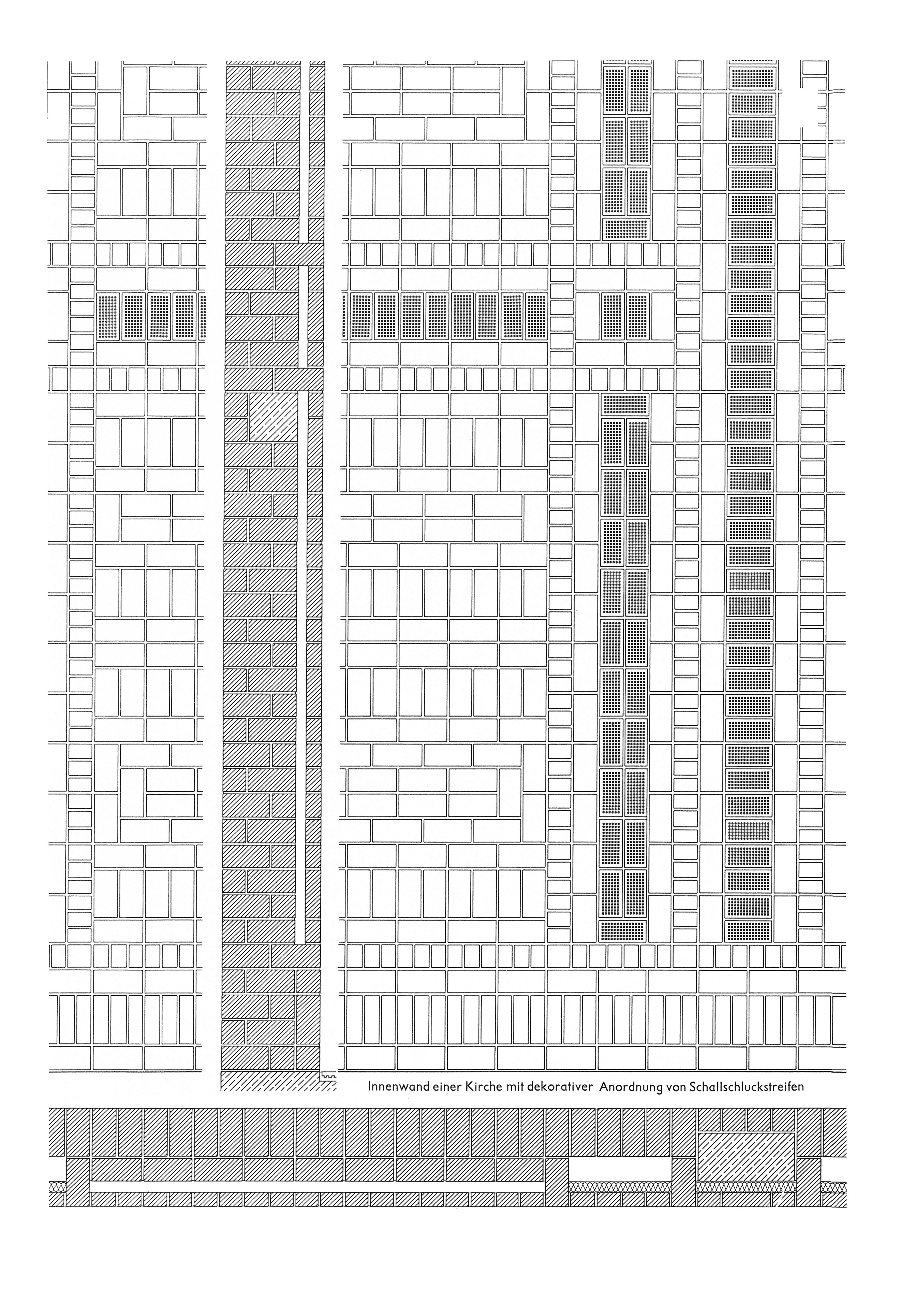 Schallschluckmauern // Innenwand einer Kirche mit dekorativer Anordnung von Schallschluckstreifen
