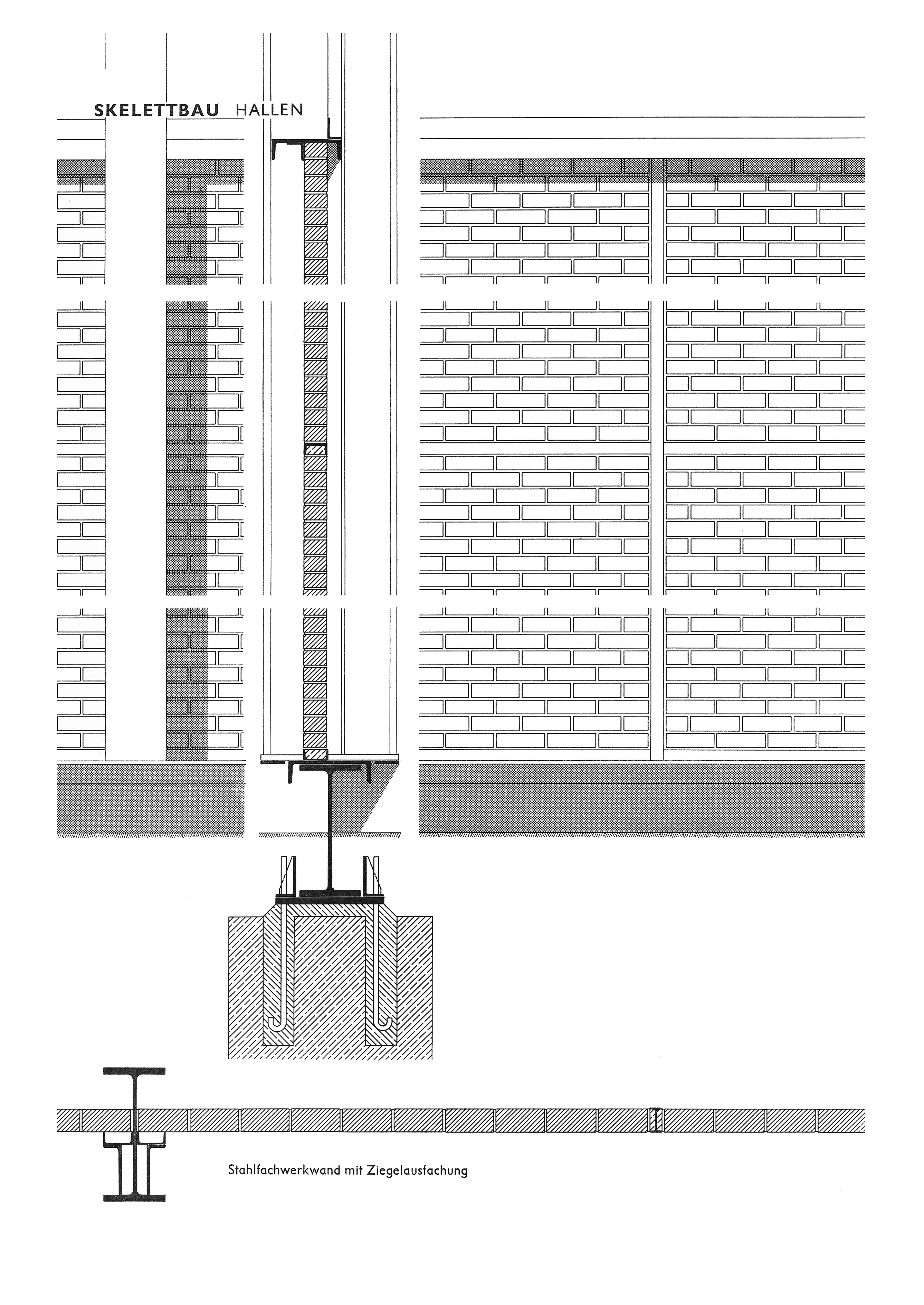 Skelettbau Hallen // Stahlfachwerkwand mit Ziegelausfachung