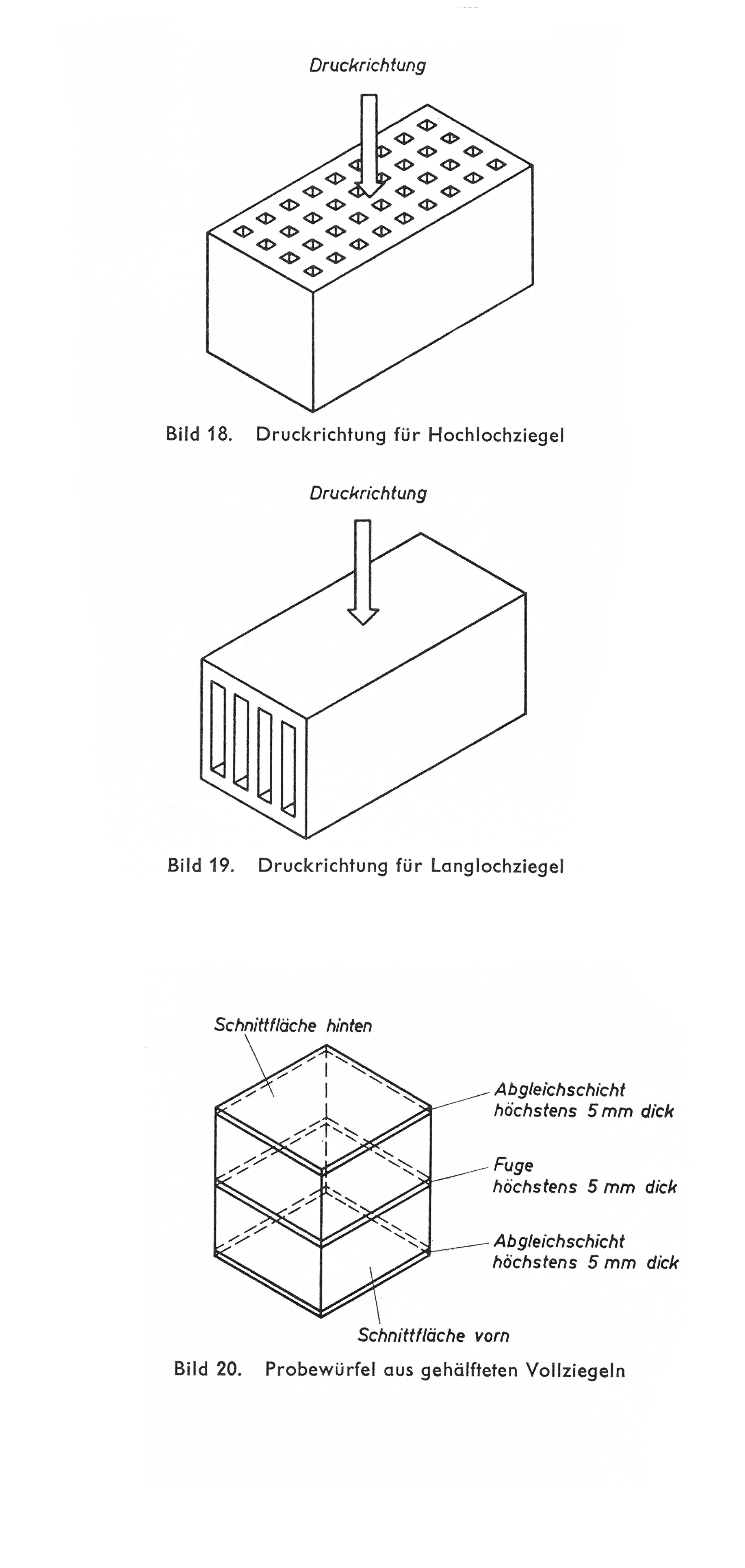 Druckrichtung für Hochlochziegel // Druckrichtung für Langlochziegel // Probewürfel aus gehälfteten Vollziegeln