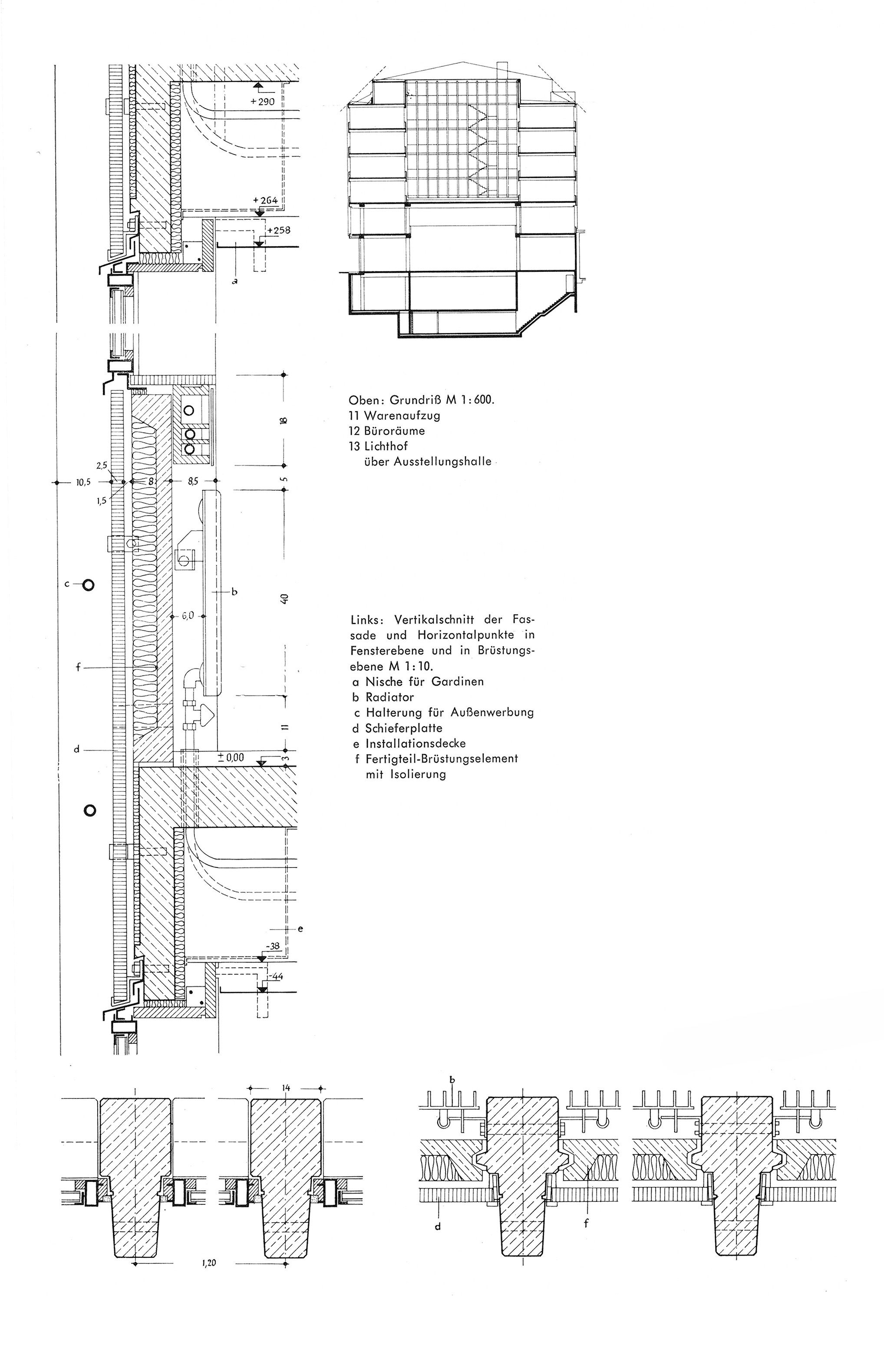 Abb. // Vertikalschnitt der Fassade und Horizontalpunkte in Fensterebene und in Brüstungsebene M 1:10