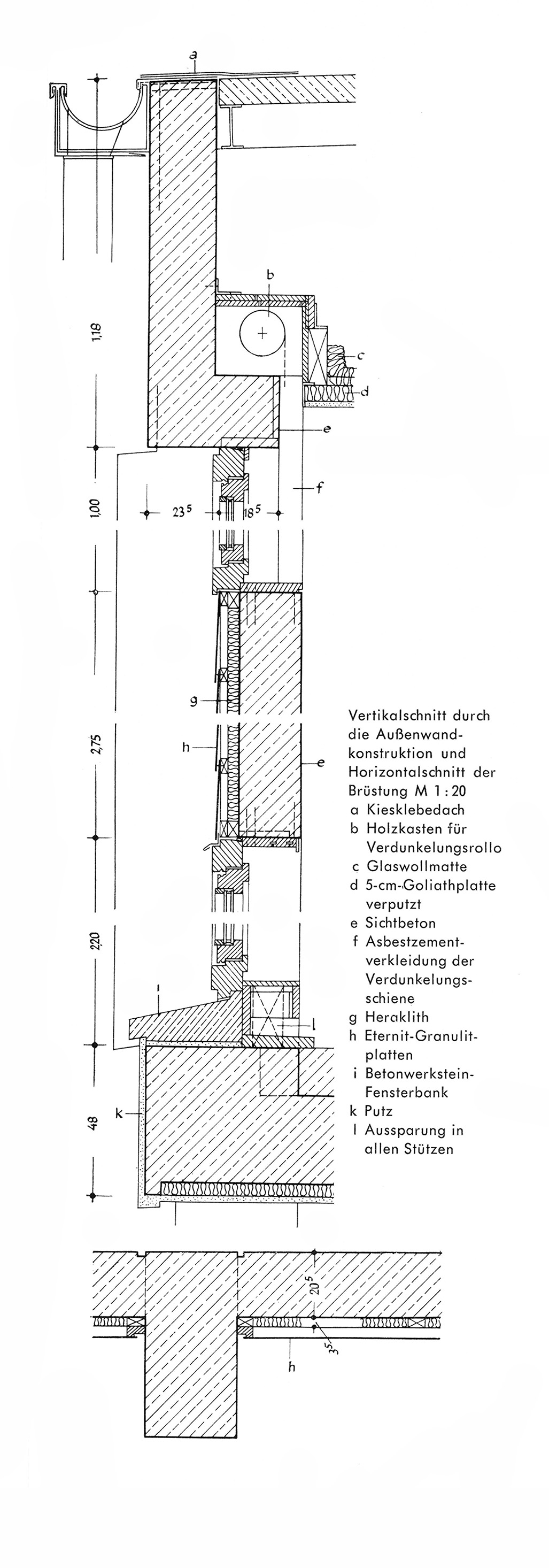 Abb. // Vertikalschnitt durch die Außenwandkonstruktion und Horizontalschnitt der Brüstung