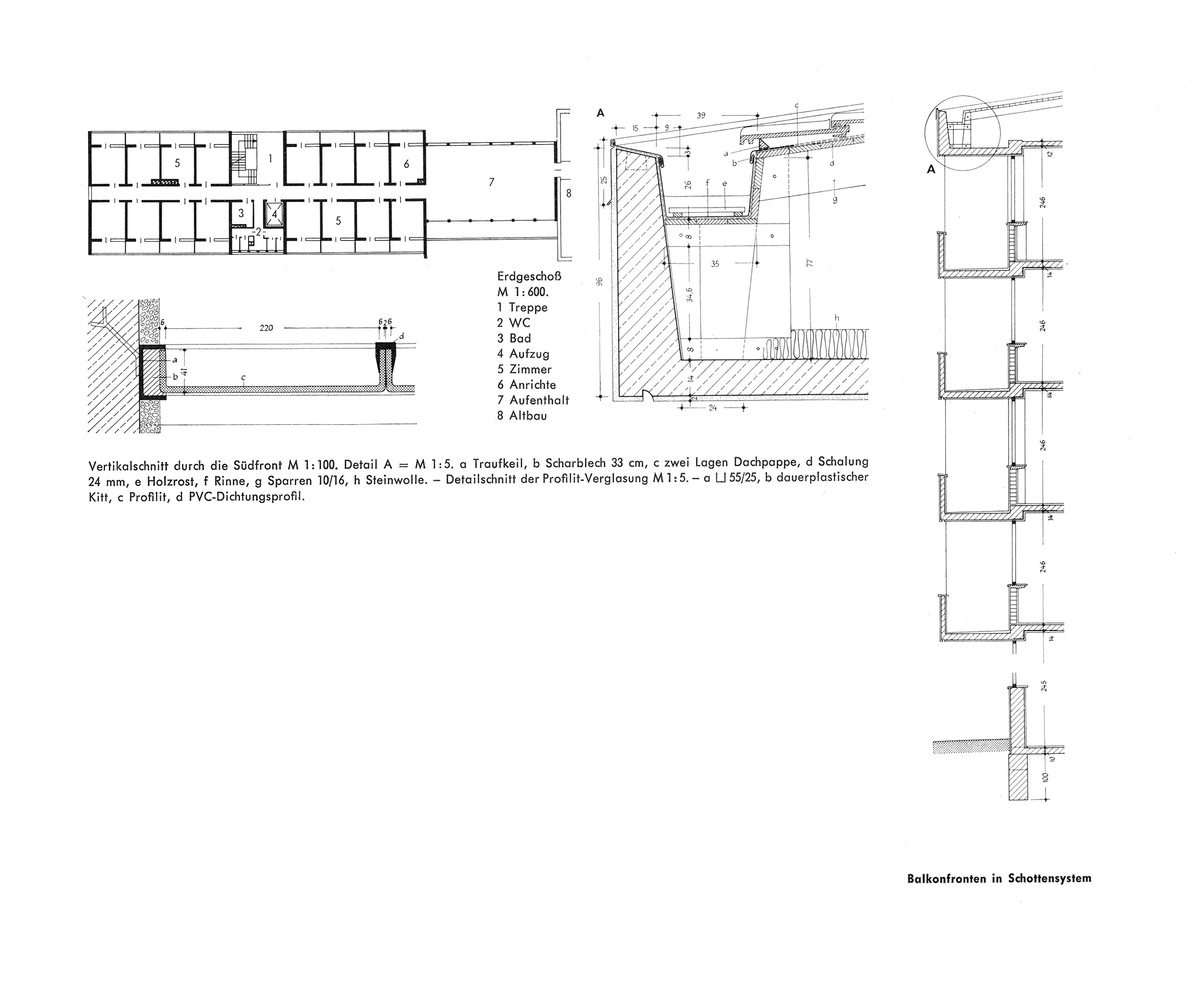 Abb. // Grundriss, Vertikalschnitt Fassade, Detail Dachabschluss, Detail Profilit-Verglasung [Anm. d. Red.]