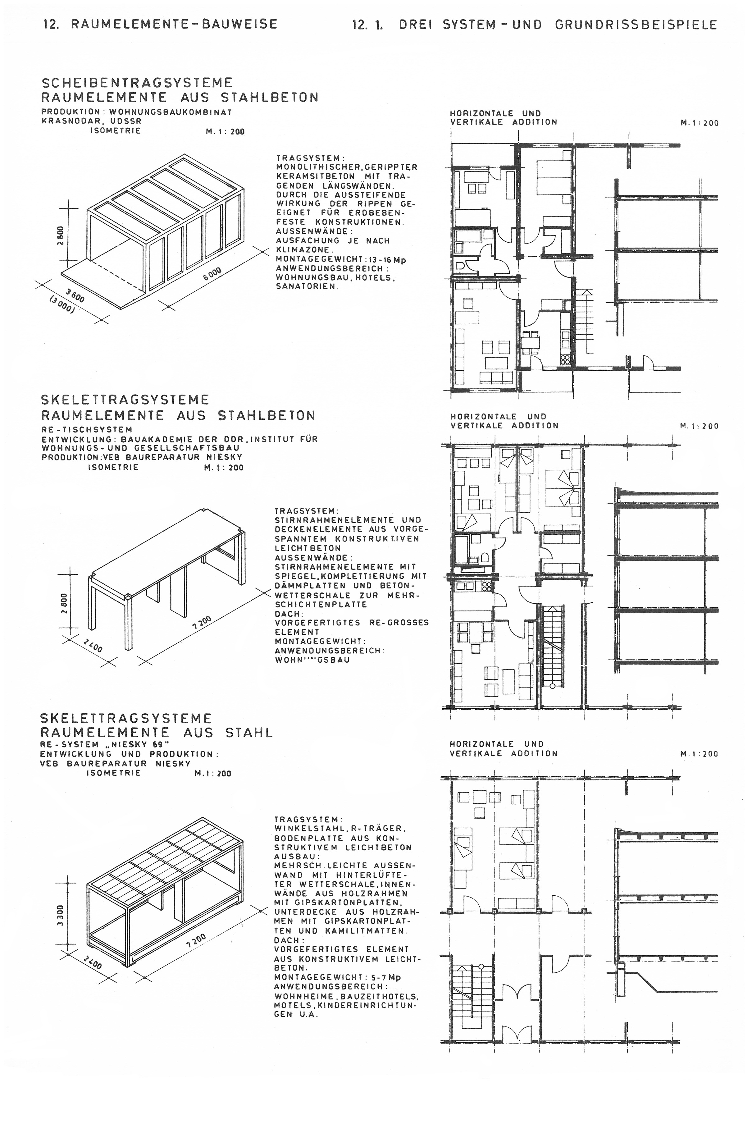 Bild 12.1. // Drei System- und Grundrissbeispiele für die Raumelemente-Bauweise [Anm. d. Red.]