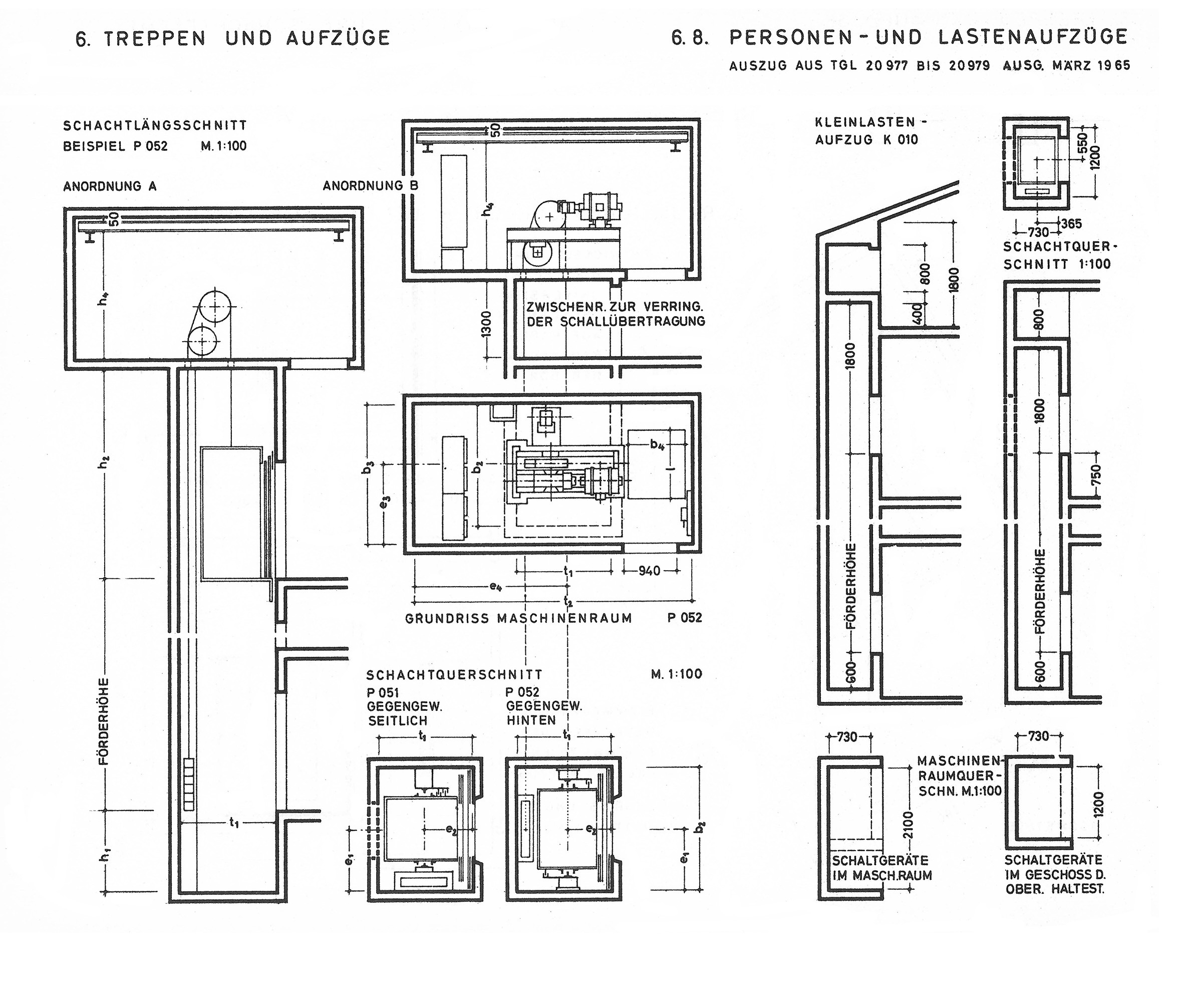 Bild 6.8. // Personen und Lastenaufzüge, Grundriss und Schnitt [Anm. d. Red.]
