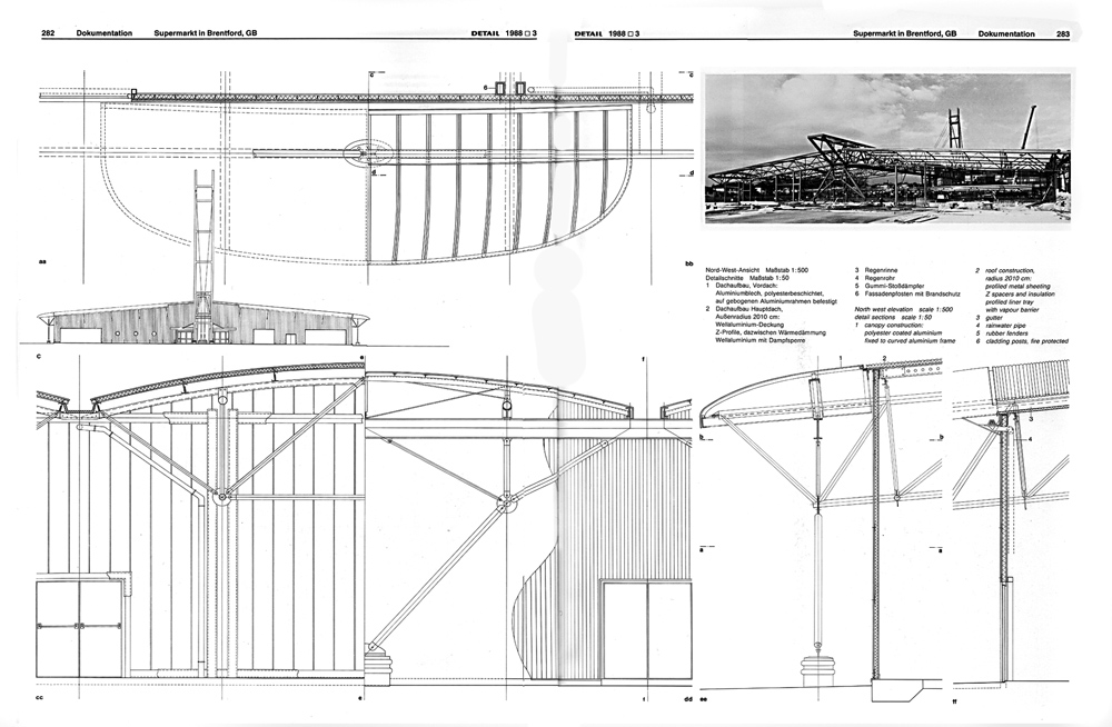 Doppelseite aus DETAIL 3/1988, S. 282/283 Supermarkt in Brentford, Architekten: Nicholas Grimshaw & Partners