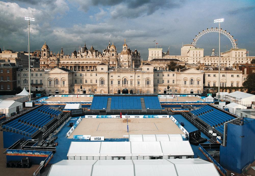 Temporary stands for the beach volleyball test event at Horse Guards Parade in July 2011