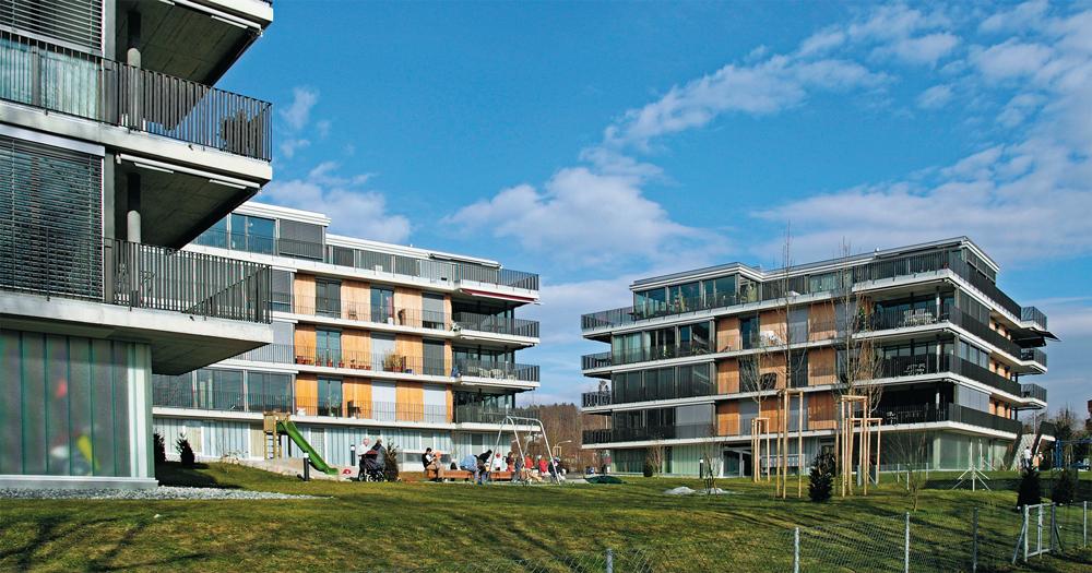 Genossenschaftswohnen Steinacker Zürich, 2004;  Architekten: Hasler Schlatter Partner
fünf Punkthäuser, barrierefrei, Mietermix, Pflegewohngruppe, Kindergarten