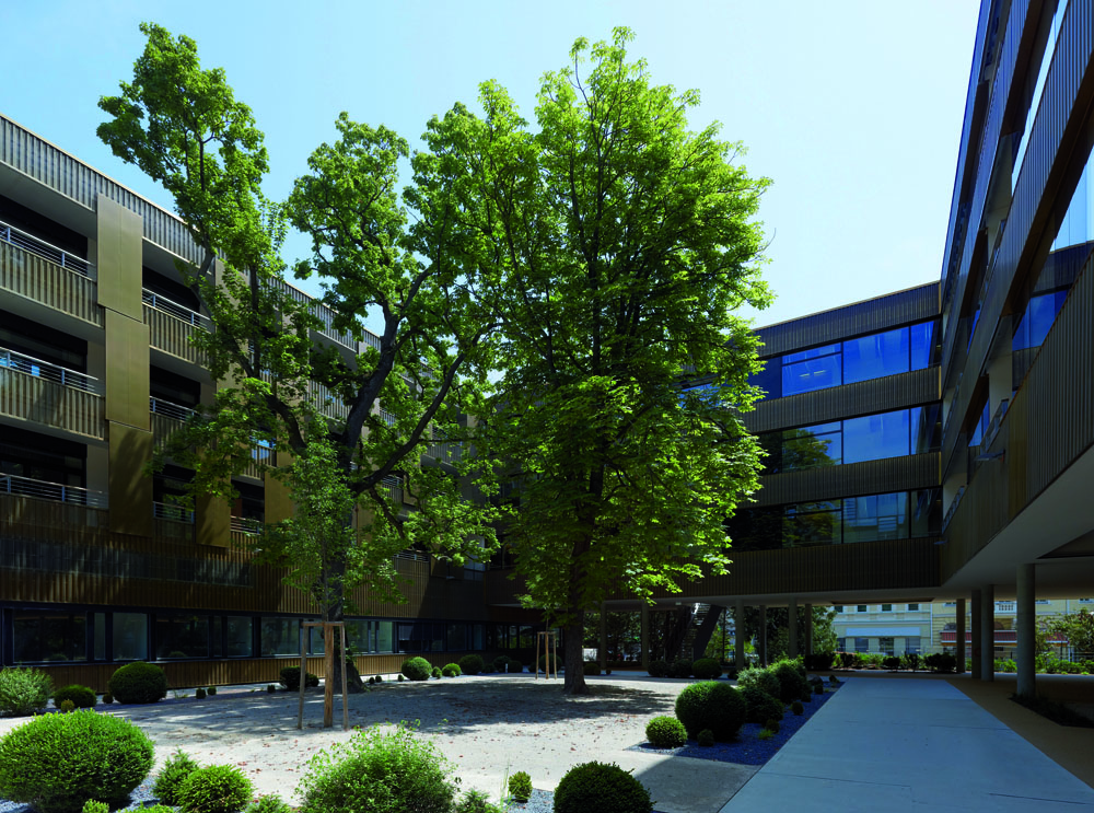 Zur Parkanlage hin ist der Bau im Erdgeschoss aufgeständert. So werden die privaten Innenhöfe einerseits für die Nachbarn erlebbar, andererseits wird das Stadtgrün optisch bis in die Höfe weitergeführt. Dazu trägt auch der alte Baumbestand auf dem Baugrundstück bei, der zum Großteil  erhalten werden konnte.